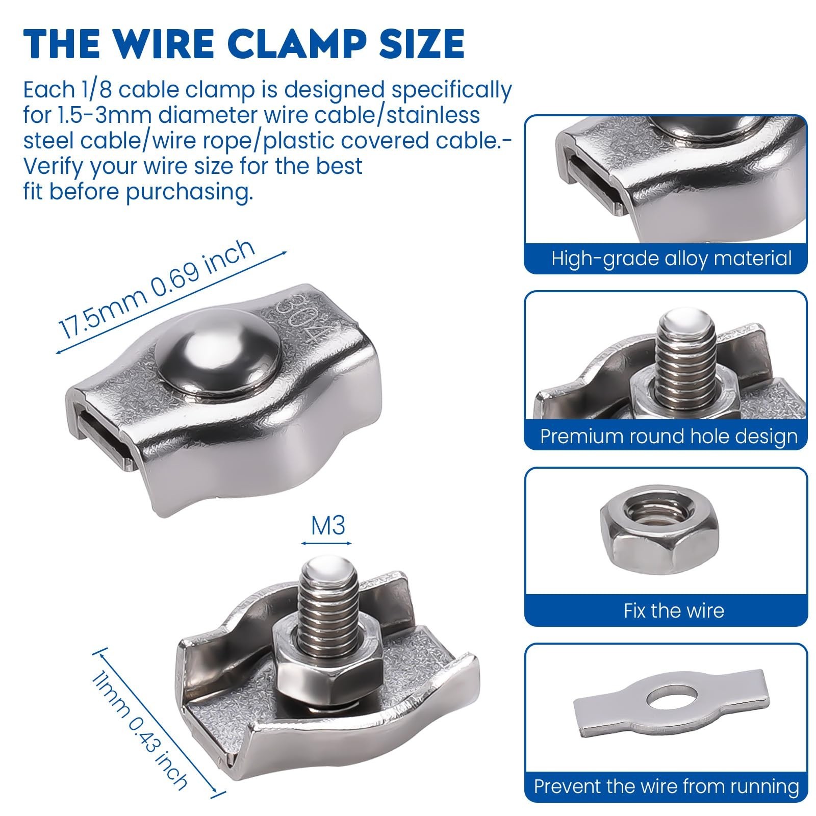 8PCS 1/8 Inches M3 304 Stainless Steel Wire Rope Cable Clip Clamp, Reusable S…