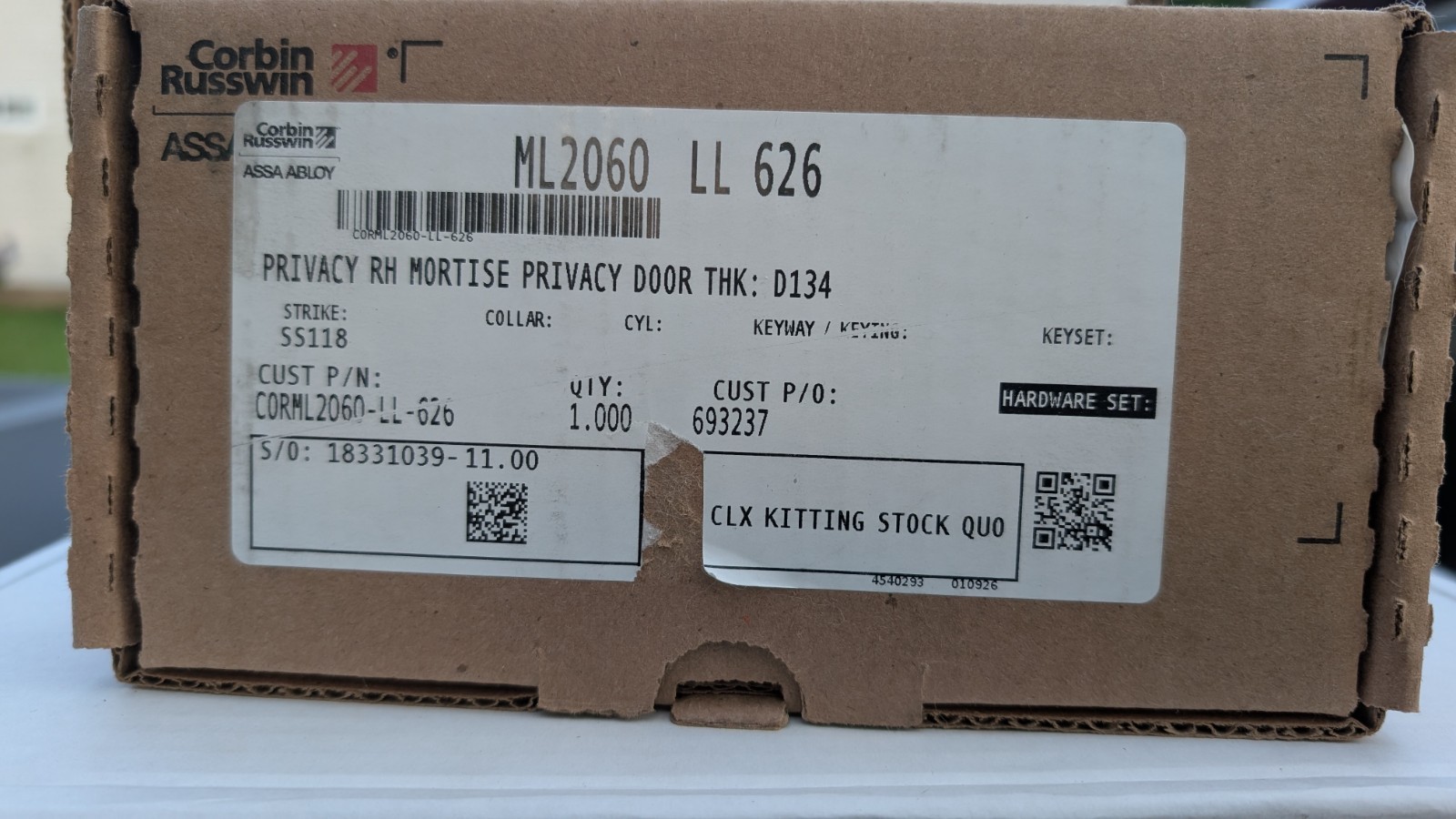 CORBIN RUSSWIN ML2010 LL 626 Passage Mortise Lock Body Satin Chrome
