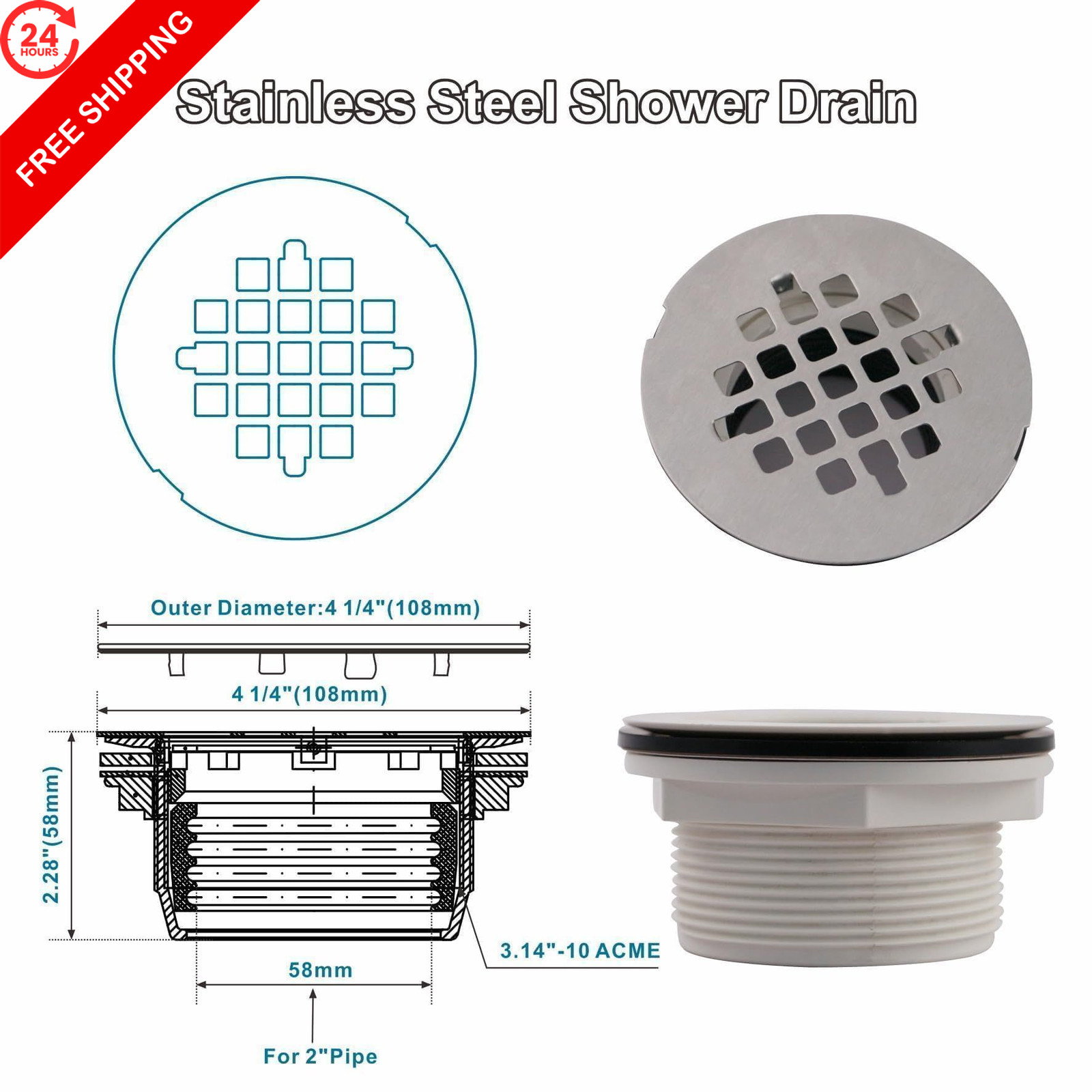 WELSAN Brushed Nickel 2 Inch PVC Shower Drain Kit, Round