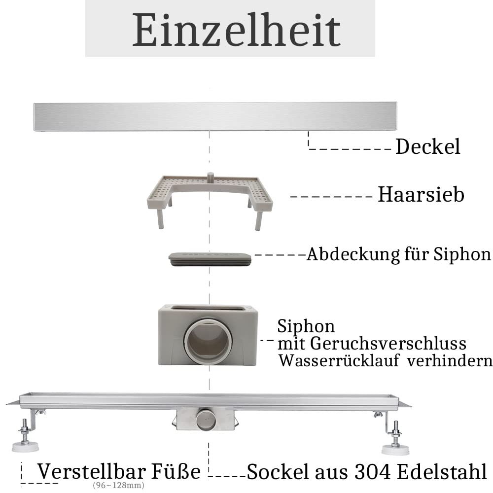 Shower Channel 70 cm Complete Set, Stainless Steel Drain Channel, Extra Flat Tileable…