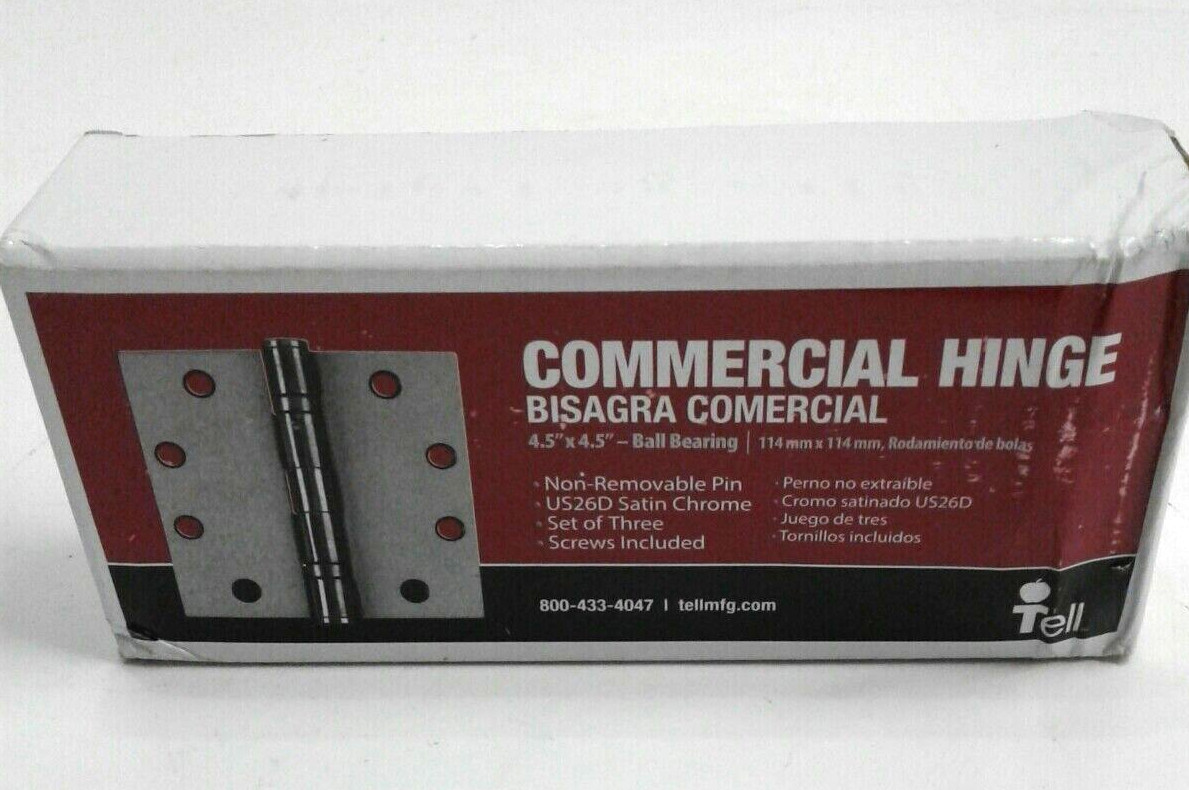 Tell HG100005 Commercial Hinge 4.5″x4.5″ Ball Bearing W/Screws Satin Chrome 3 Pk
