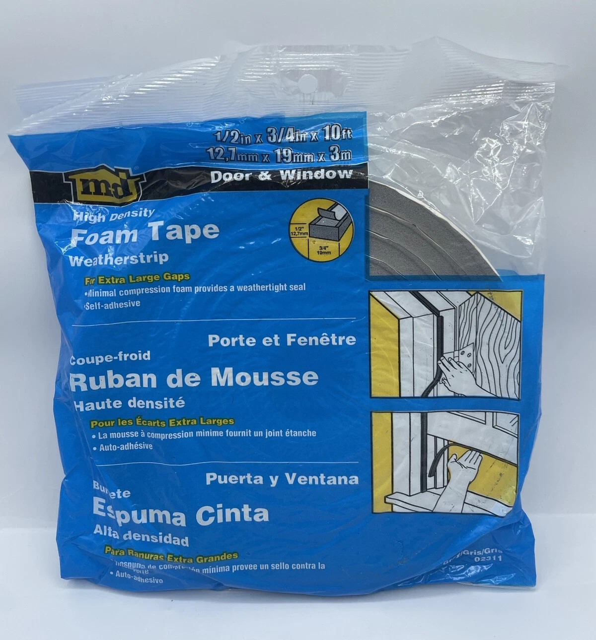 1 EA. M-D 3/4″ W x 1/2″ T x 10′ L Gray Foam Weatherstrip Tape 02311 QUICK SHIP