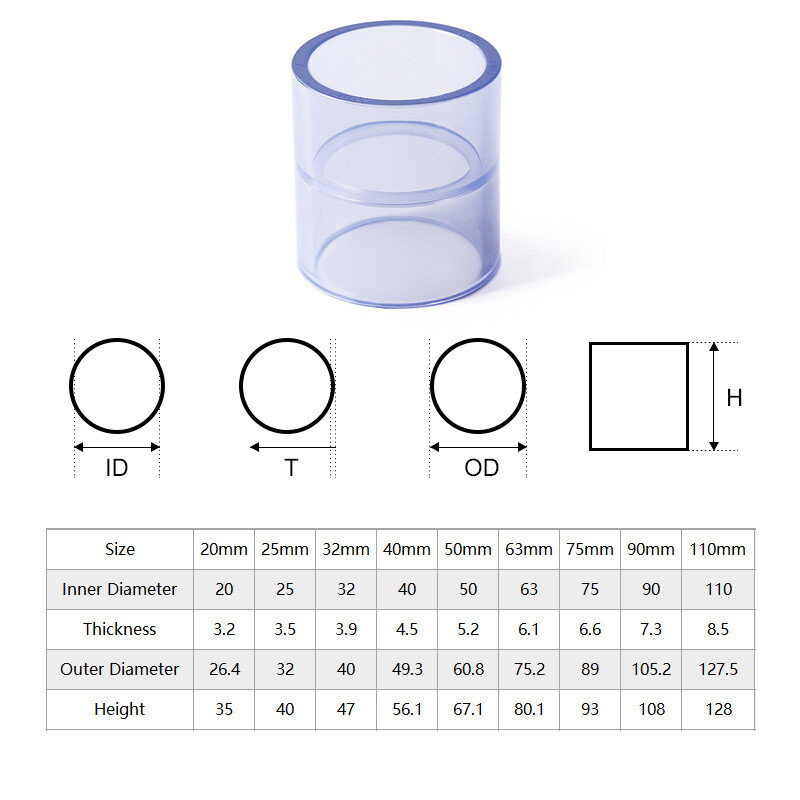 UPVC/PVC Pipe Fittings Tee/Straight/Cap/Elbow Clear Plumbing Couping ID 20-110mm