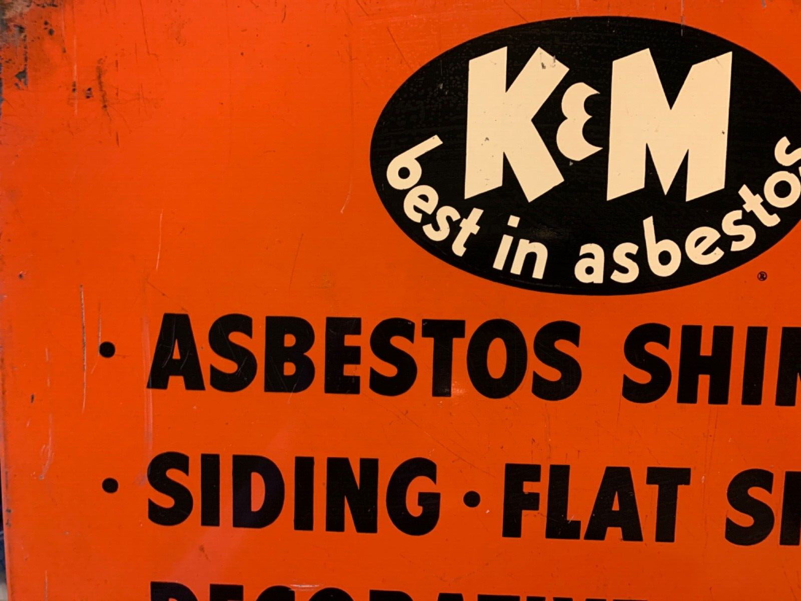 RARE Vintage K & M “Best in Asbestos” double sided porcelain/enamel flange sign
