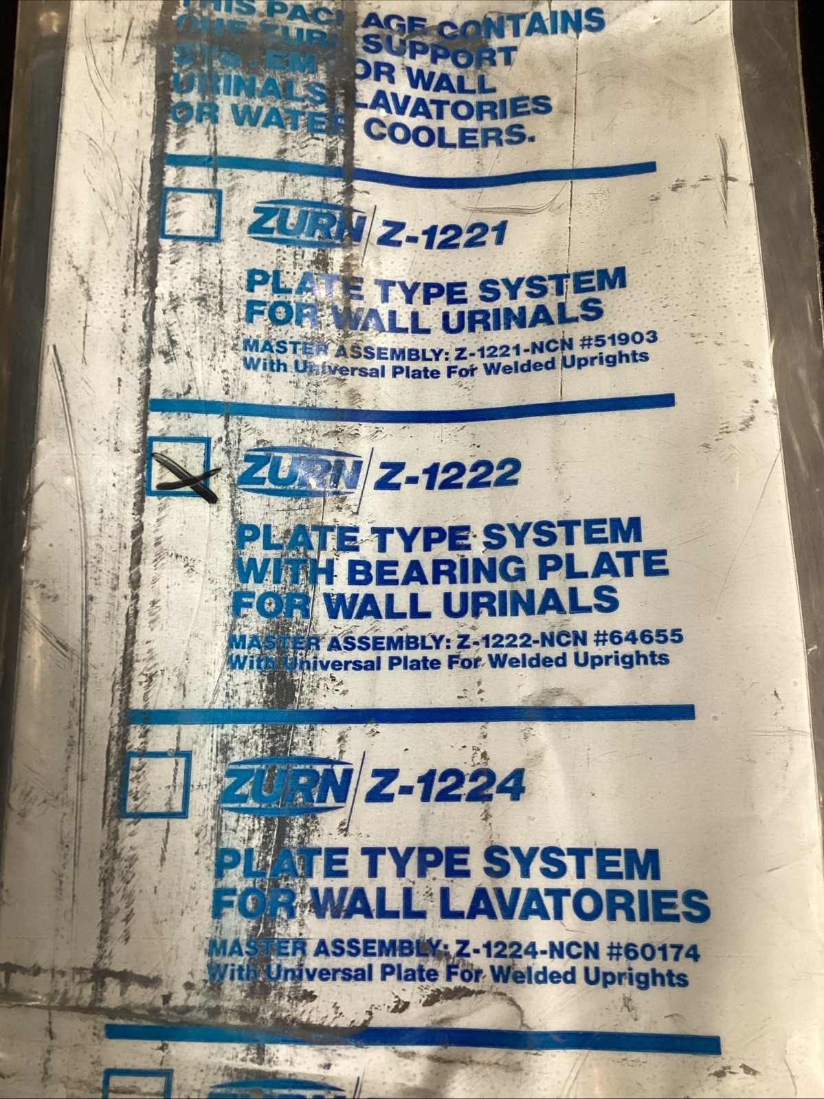 Zurn Z-1222 Plate Type System w/Bearing Plate For Wall Urinals