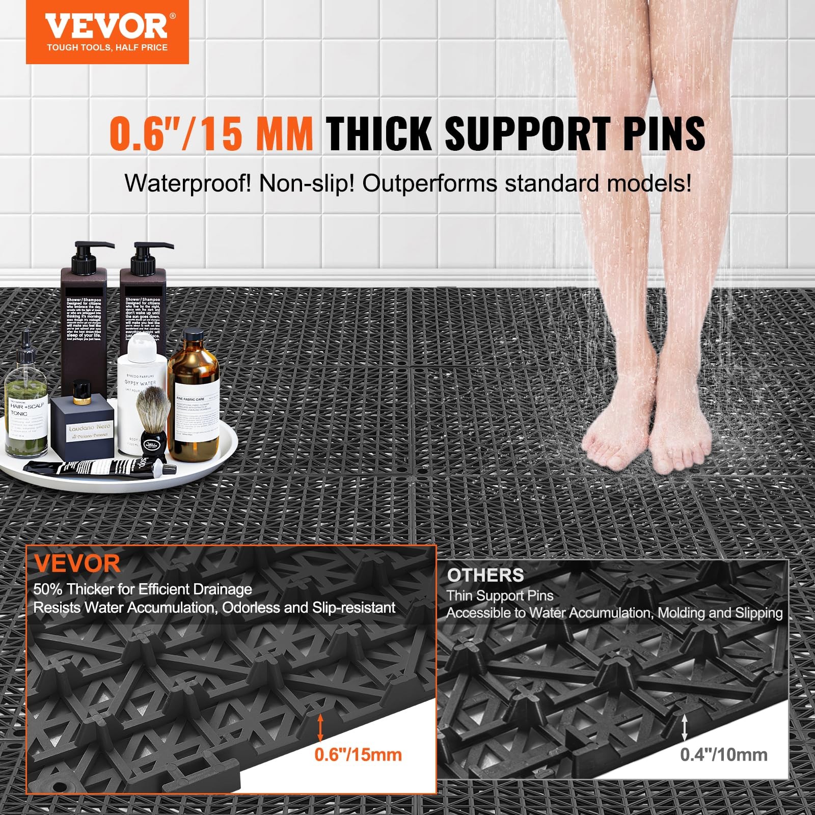 VEVOR Interlocking Tile 55PCS Black, Drainage 12″L x 12″W x 0.6″Th, Black
