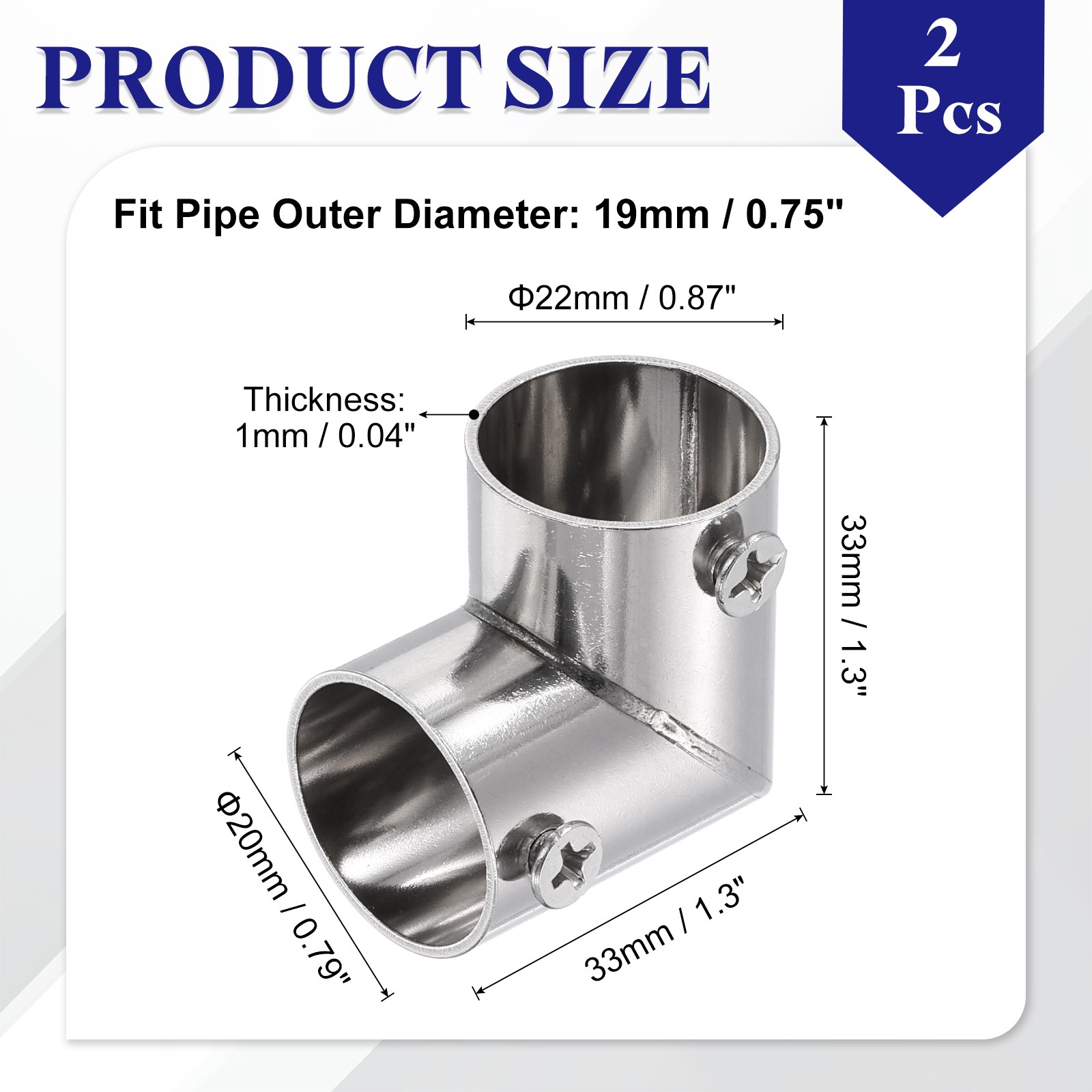 2Pcs 90 Degree 2-Way Elbow Pipe Fitting, Fit 3/4 Inch OD Pipe Stainless Steel
