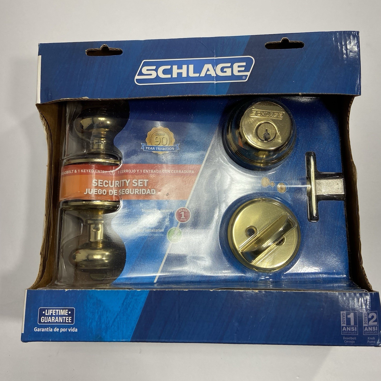Schlage FB50N V GEO 505 605 Georgian Keyed Entry with Deadbolt, Bright Brass