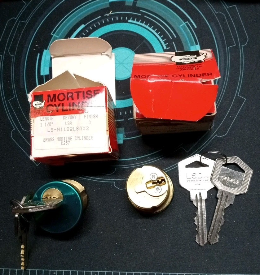 2 PC LSDA K257 Brass Mortise Cylinder W/2 Keys Each,.” KEYED ALIKE” NOS Lot332