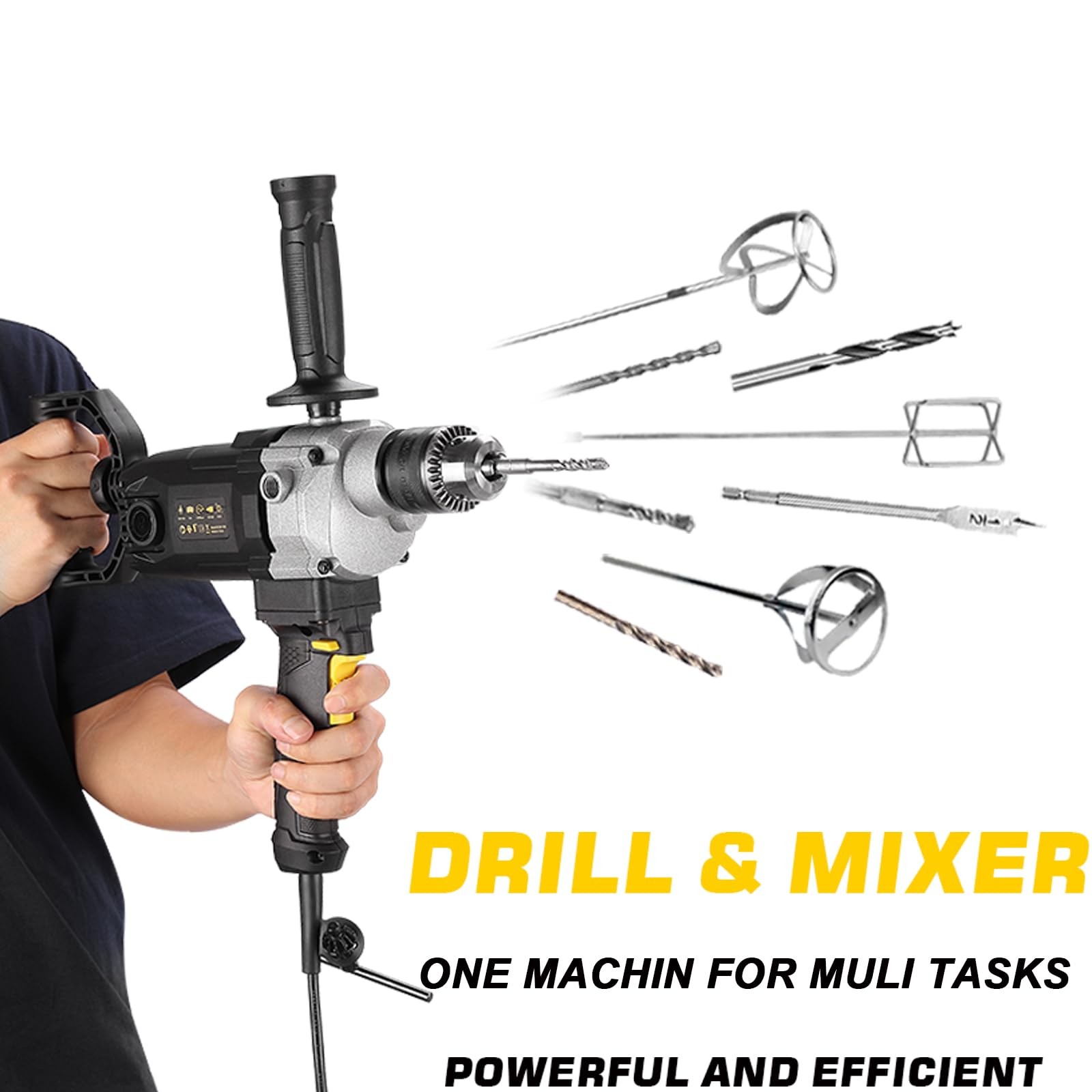 10-Amp Corded 5/8″ Heavy Duty Drill Mixer Set, Mixing Drill Machine with Spad…