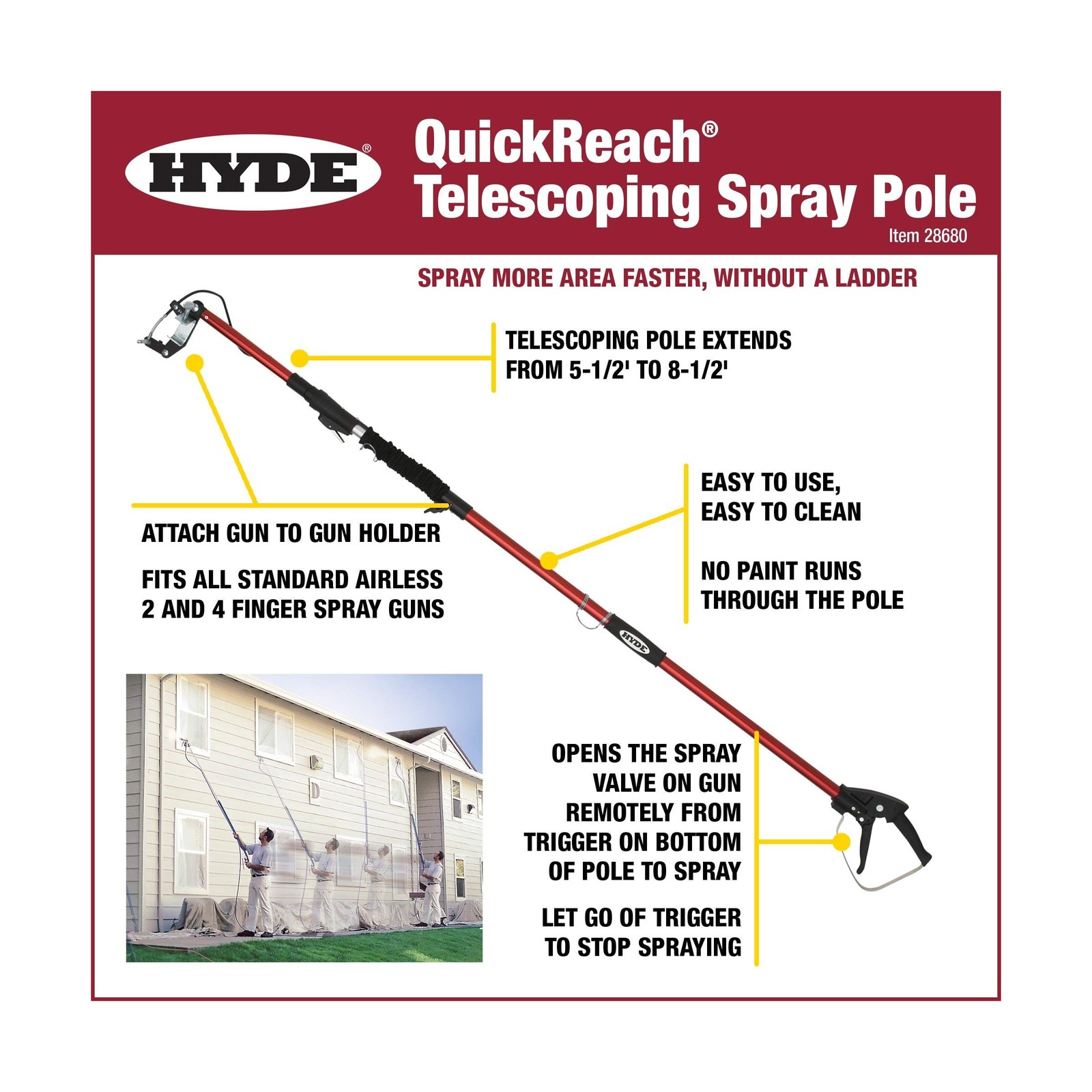 HYDE 28680 QuickReach Telescoping Spray Pole, Extends from 5-1/2 to 8-1/2 Feet
