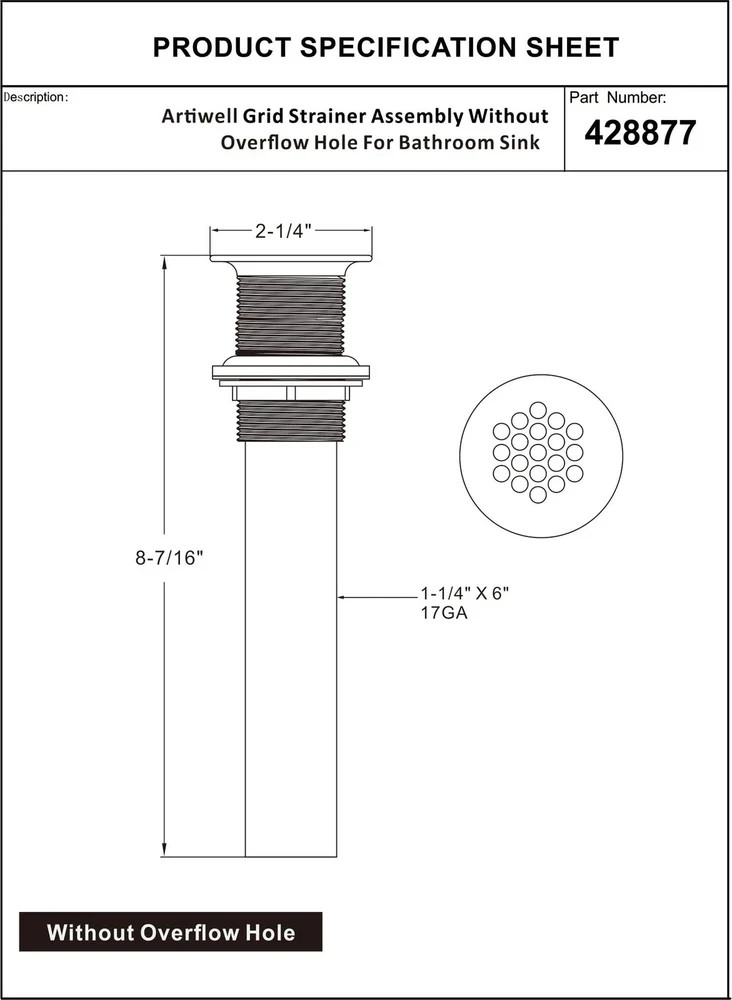 Grid Drain Strainer Assembly Without Overflow for Bathroom Chrome Plated