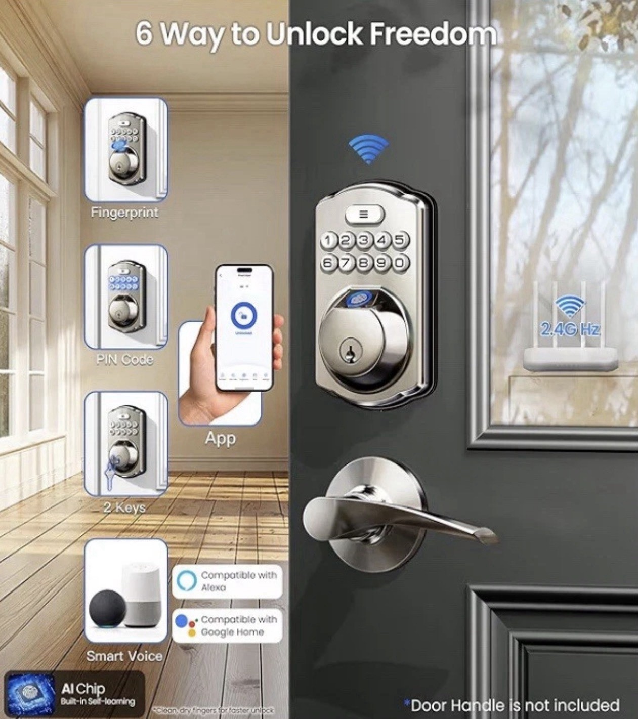 Veise VE012W Built-in WiFi Fingerprint Smart Lock, App Remote Satin Nickel Round