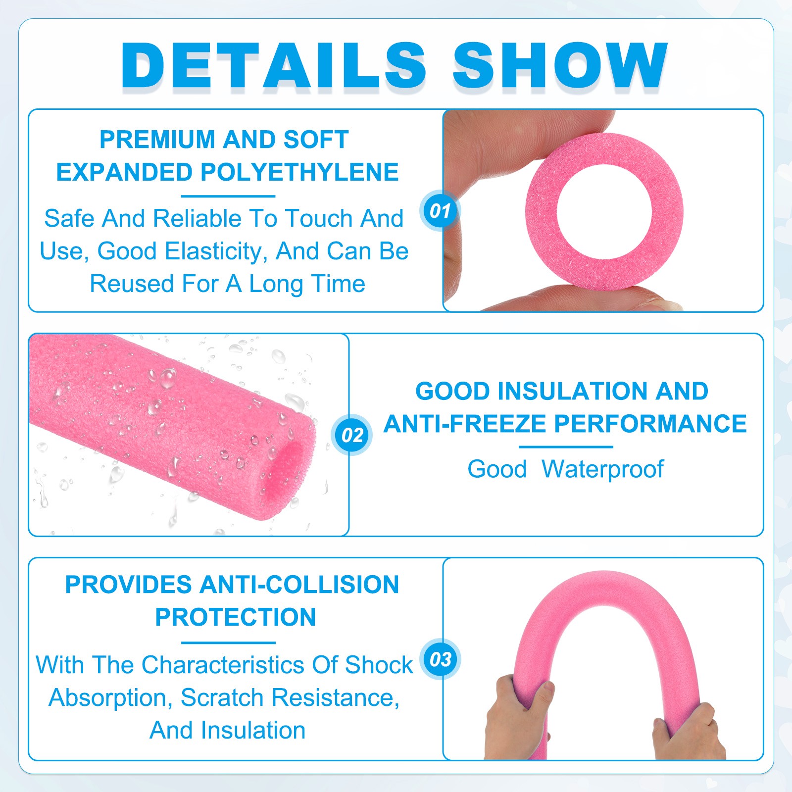 1-1/4″(32mm)IDx3.3FTx2.05″ Pipe Insulation Foam Tube Pool Noodles Rose Red