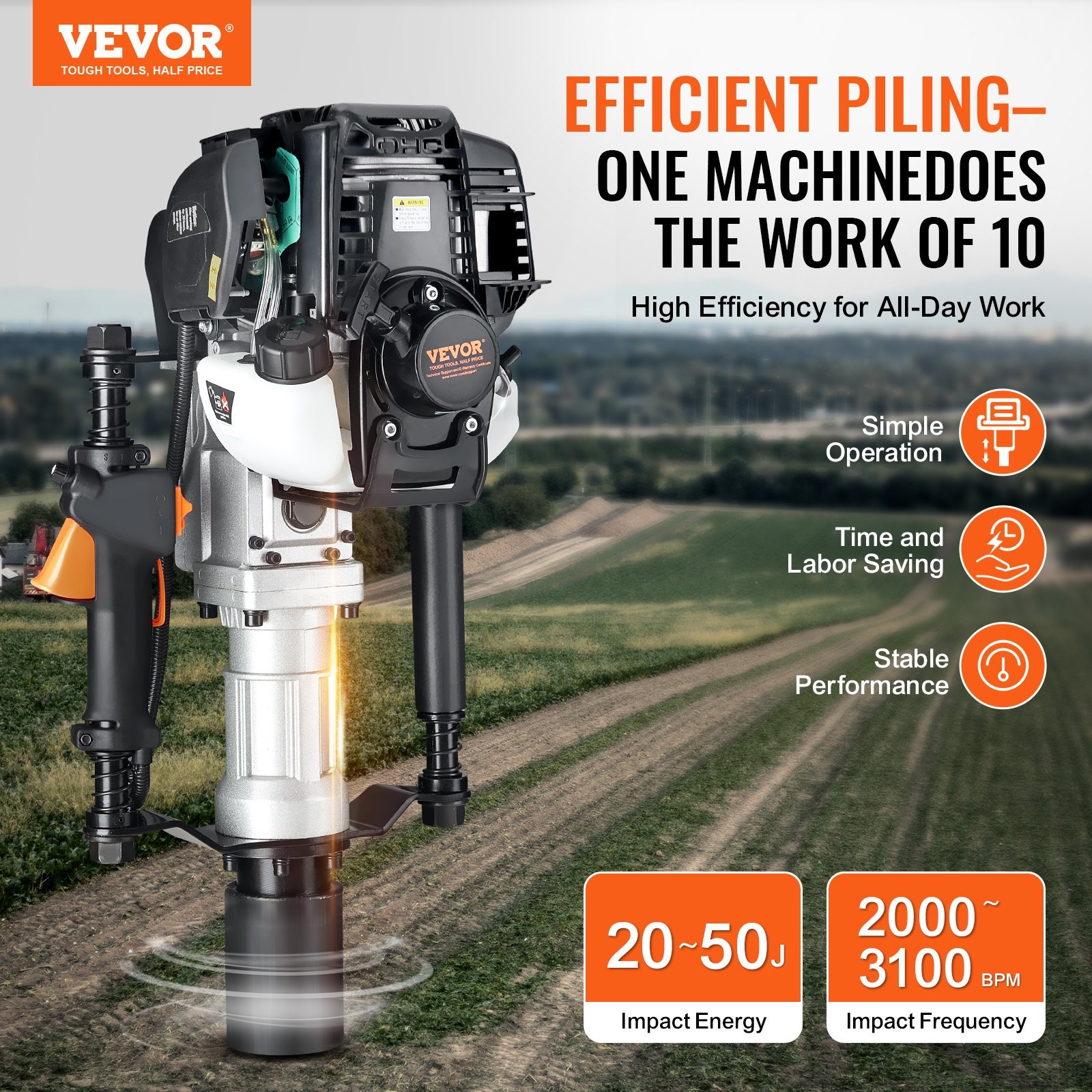 37.77cc Gas-Powered T Post Driver,4-Stroke Engine Gasoline Fence Piling Pounder,