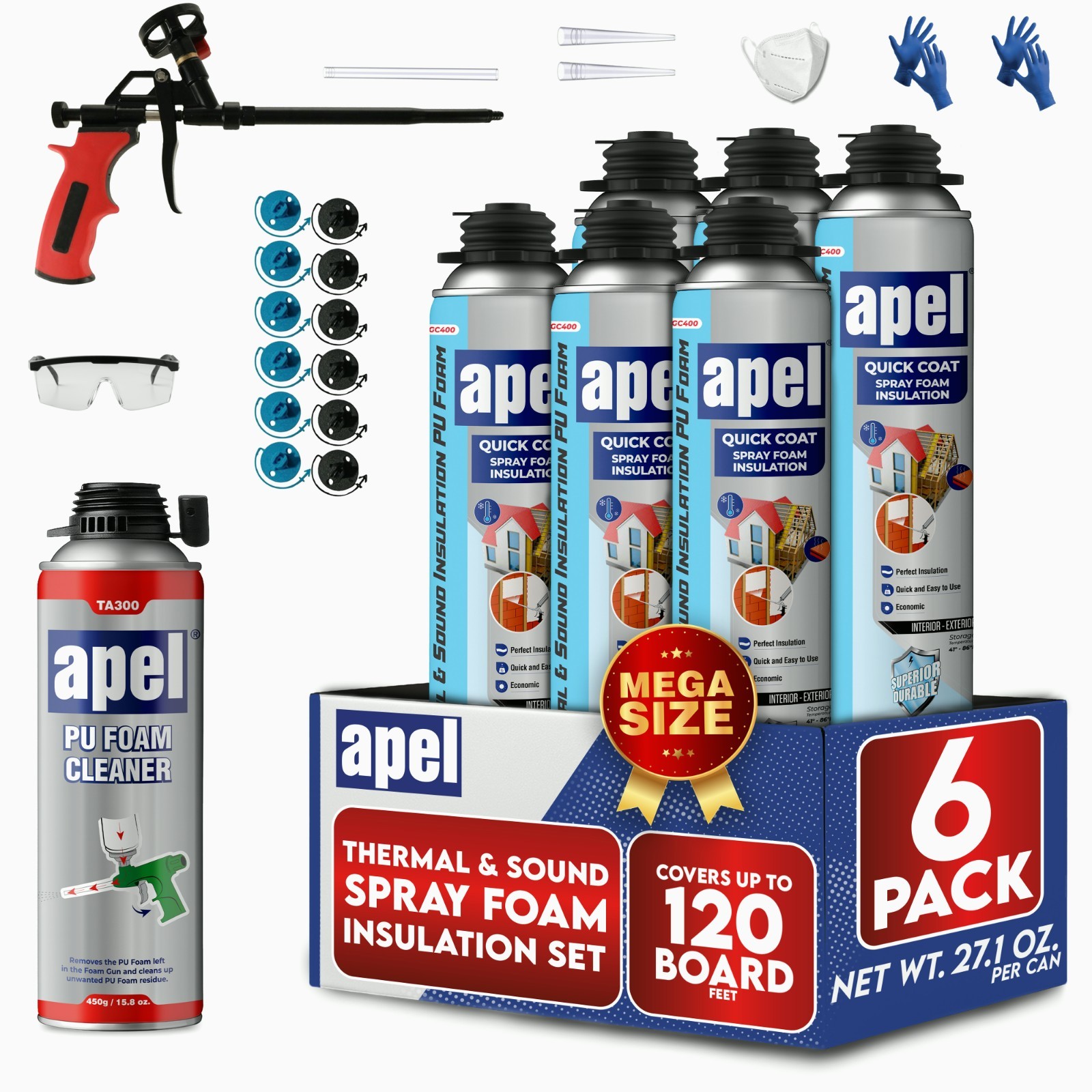 apel Spray Foam Insulation Kit (6 x 32.80 oz./120 Bd ft) Heat and Acoustic Insul