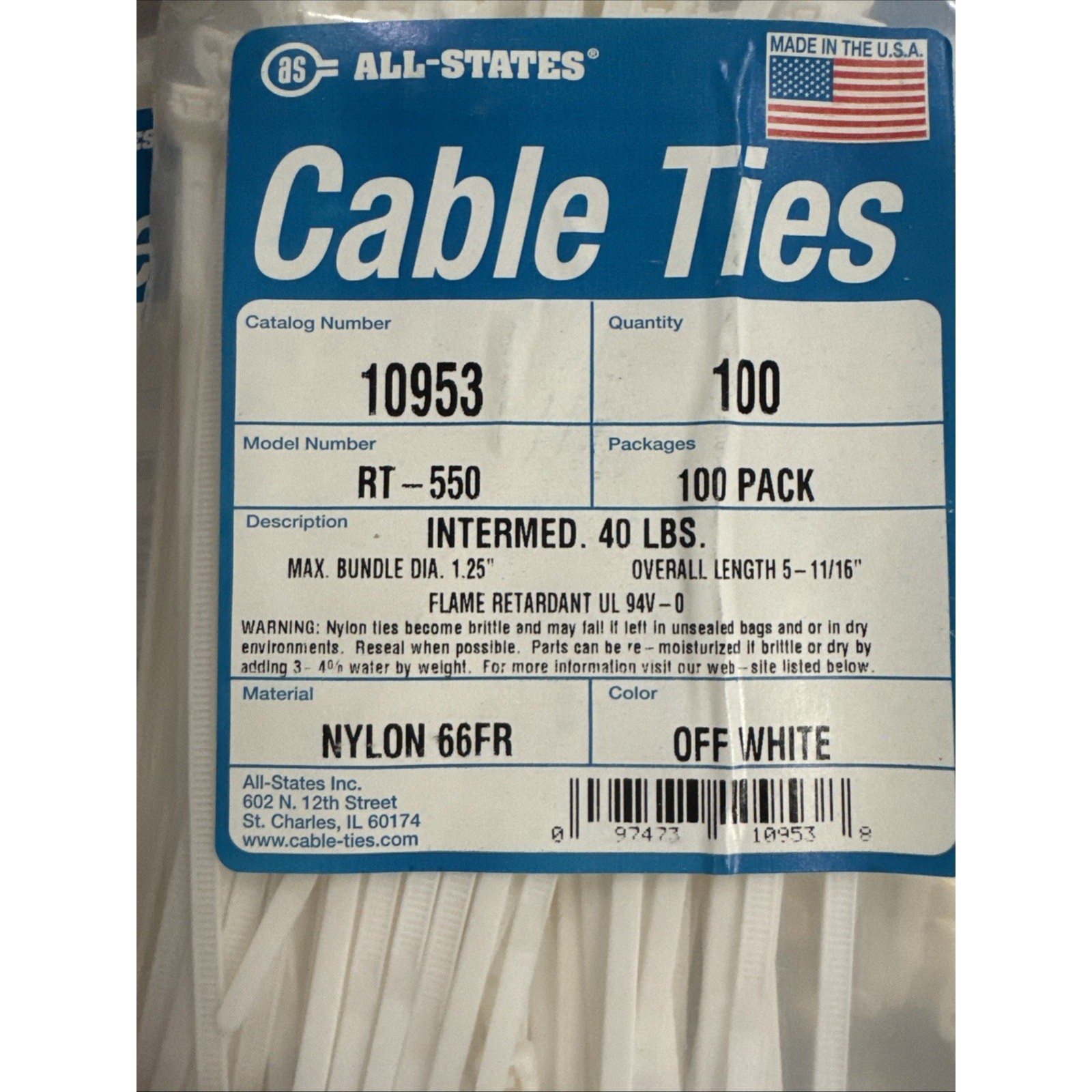 1100pcs 5.9″ White Cable Ties Zip Ties 40lbs Nylon RT-550 10953 Bin5