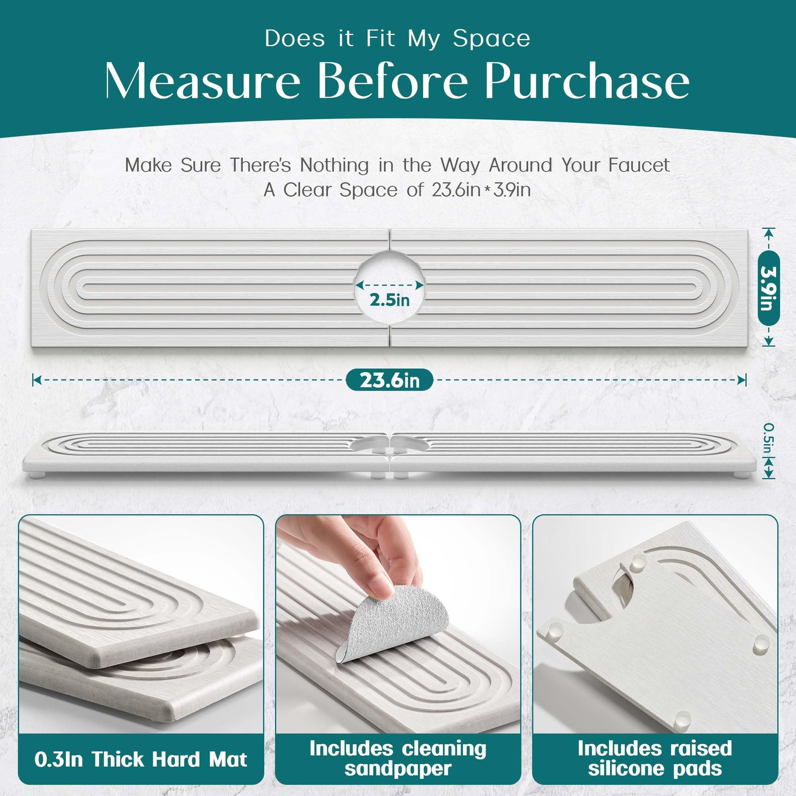 Eormoe Faucet Mat for Kitchen Sink – Diatomite Stone 23.6″ x 3.9″, Light Grey