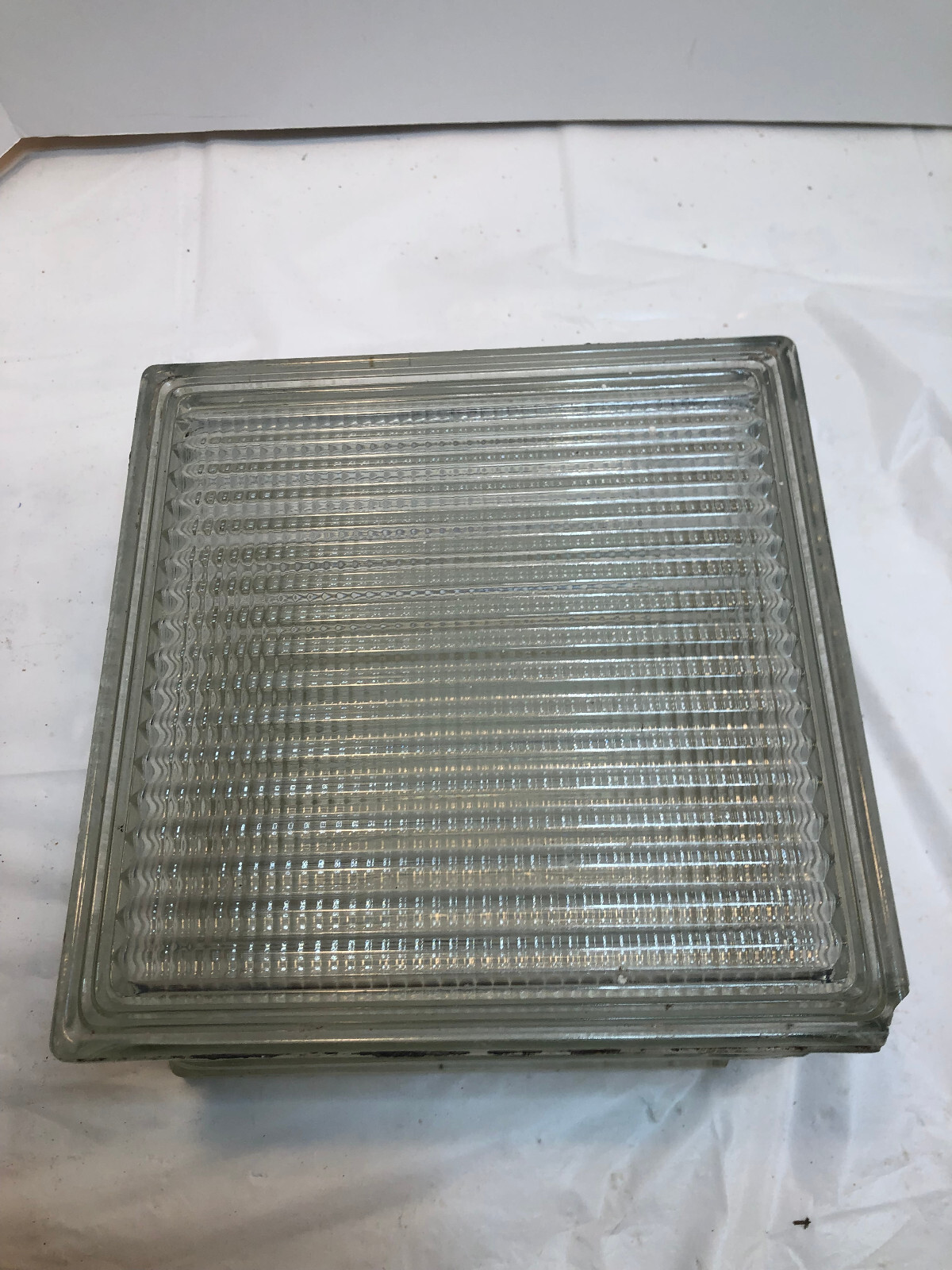 Vintage Glass Block 7-3/4″ x 7-3/4″ x 3-7/8 – Lines – Chipped Corner
