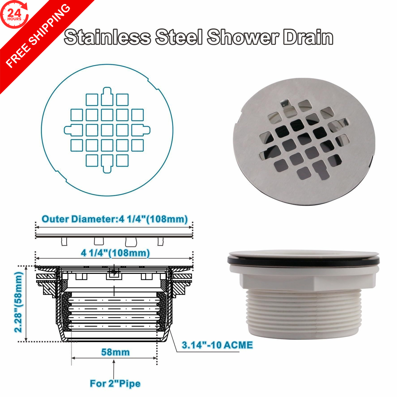 WELSAN Brushed Nickel 2 Inch PVC Shower Drain Kit, Round