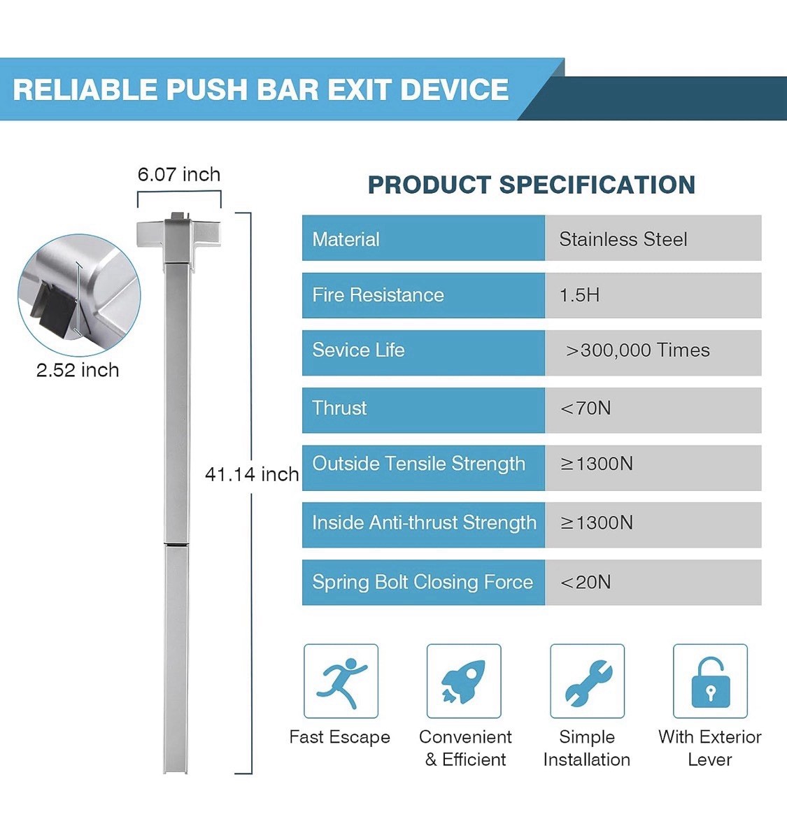 IRONWALLS Stainless Steel Panic Bar Exit Device 41 Inch