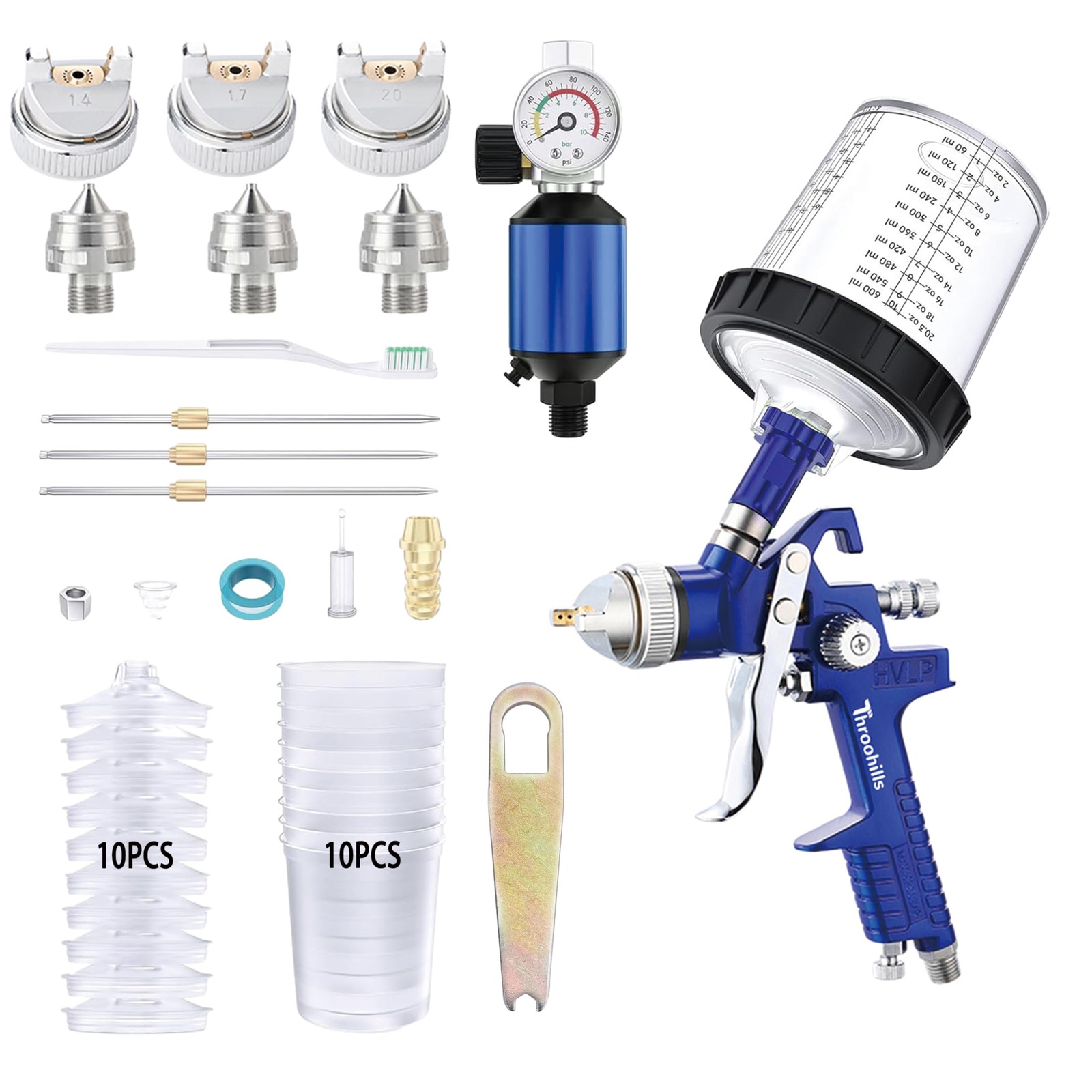 Throohills HVLP Spray Gun 1.4/1.7/2.0mm Nozzle Blue