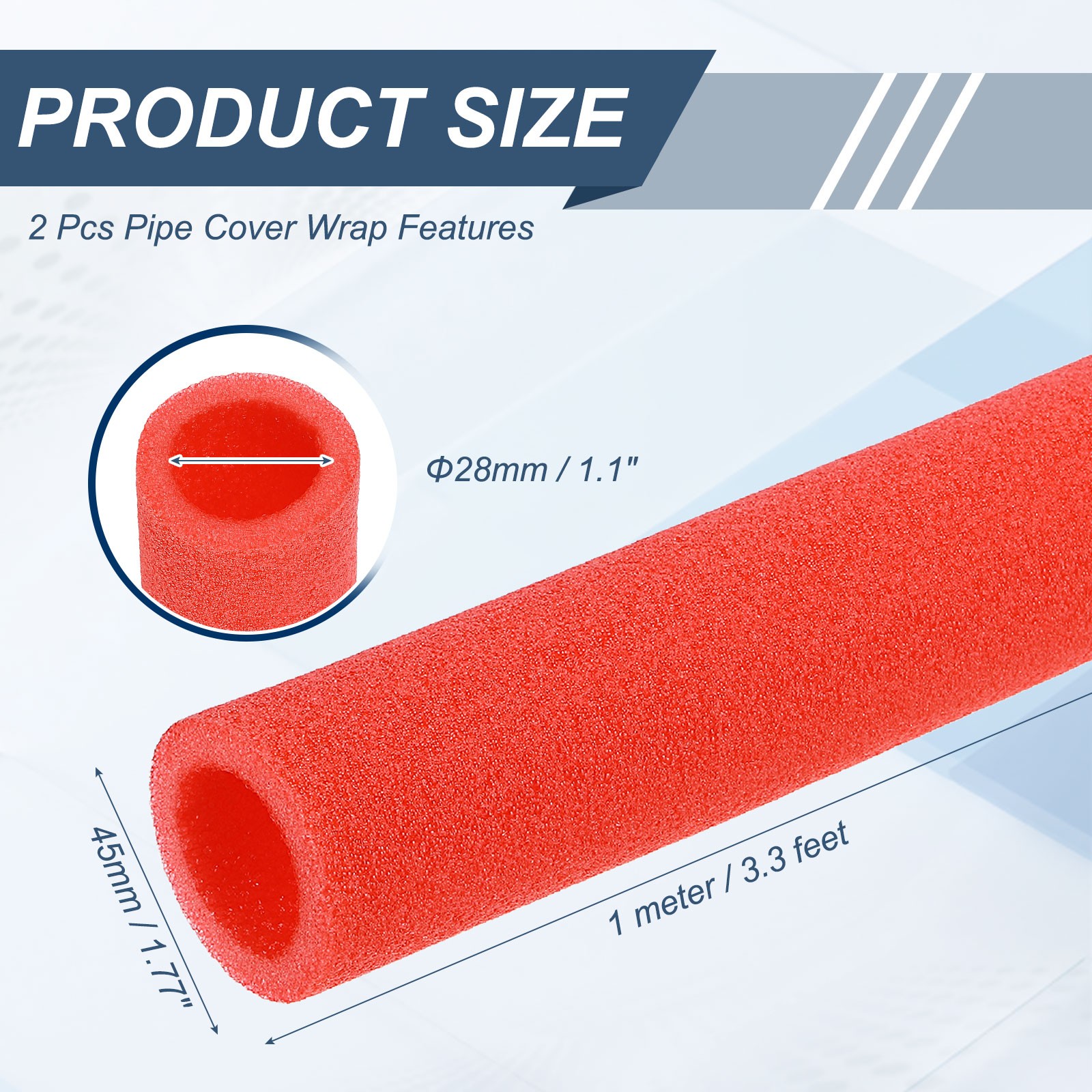 2pcs 1-1/9″ ID 3.3FT Pipe Insulation Foam Tube 1.77″ OD Tubing Cover Red