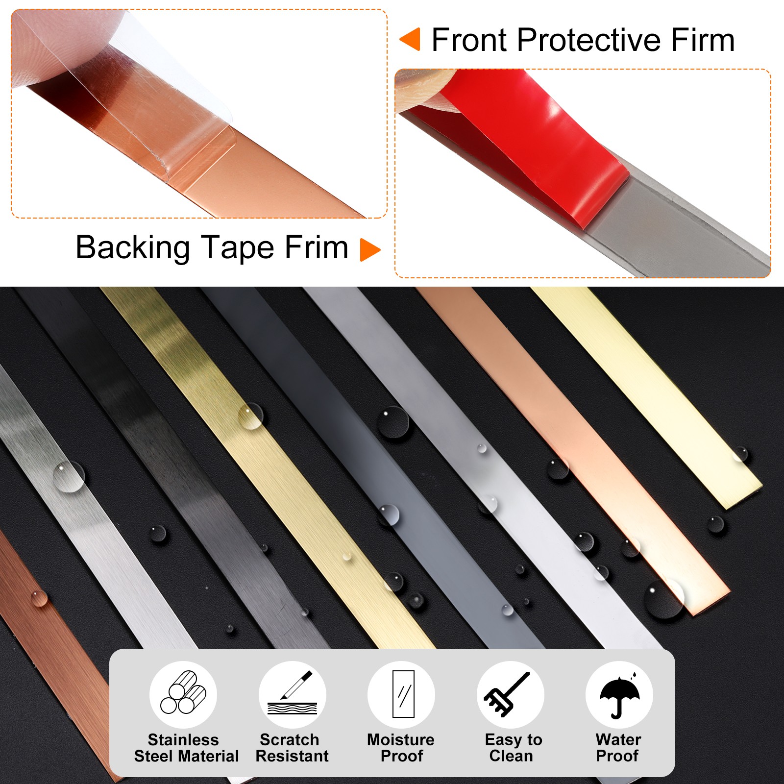 39.4ft x 0.79″ Wall Trim Self Adhesive Stainless Steel Mirror Finish Rose Gold