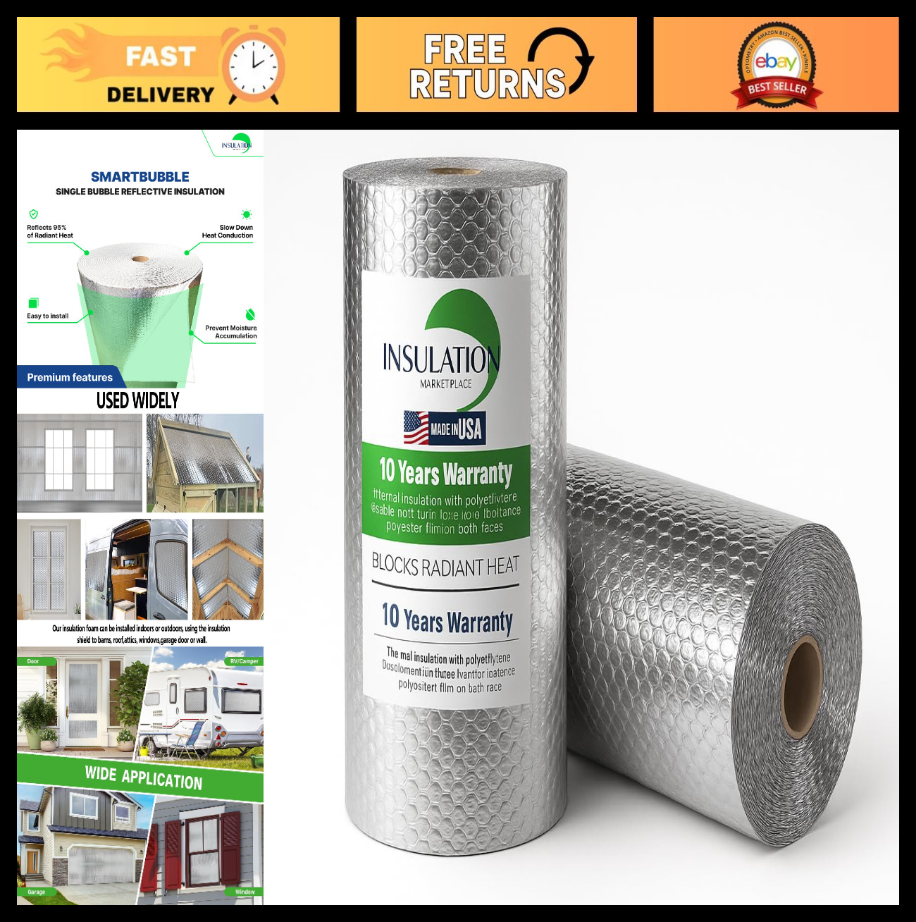 16″x50ft Double Reflective Bubble Insulation Roll – Thermal Shield for Garage, A