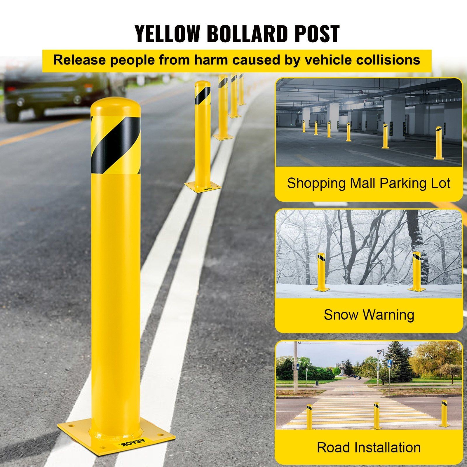 48in Impact-Resistant Steel Bollard 4.5in Diameter Black & Yellow