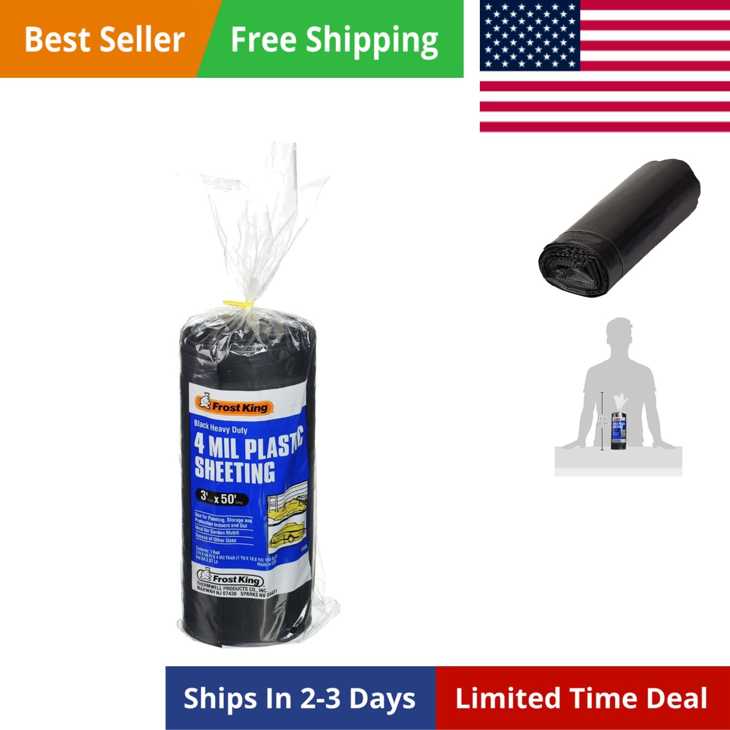 350B Polyethylene Sheeting, 3′ x 50′ x 4 Mil, Black