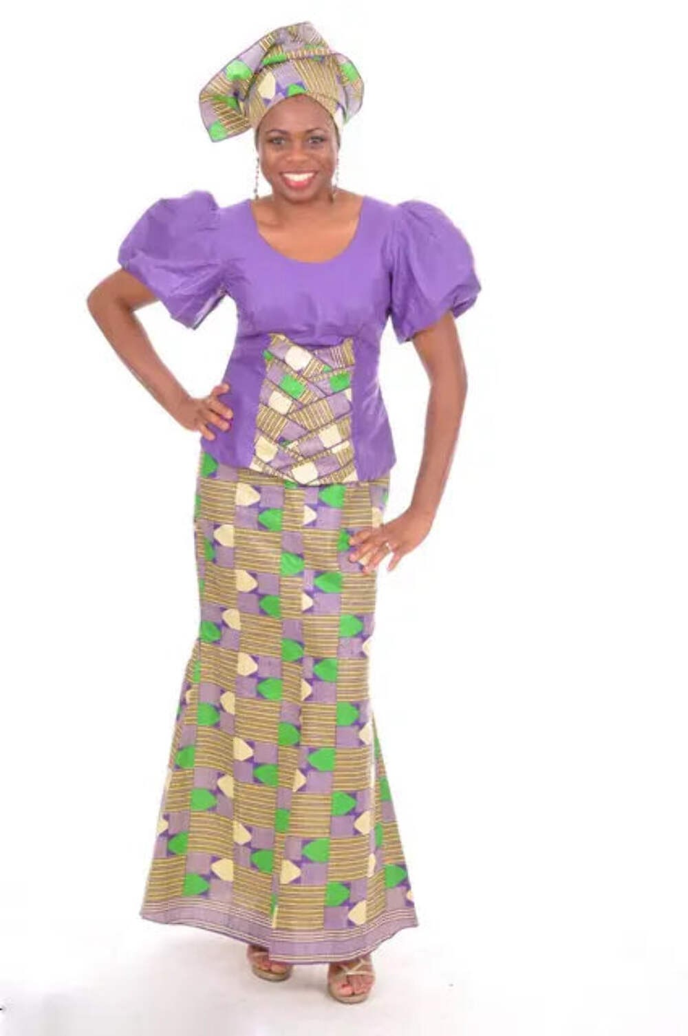Purple Top with Purple Green Beige Print and Skirt-DPS0097DF | African Fashion |