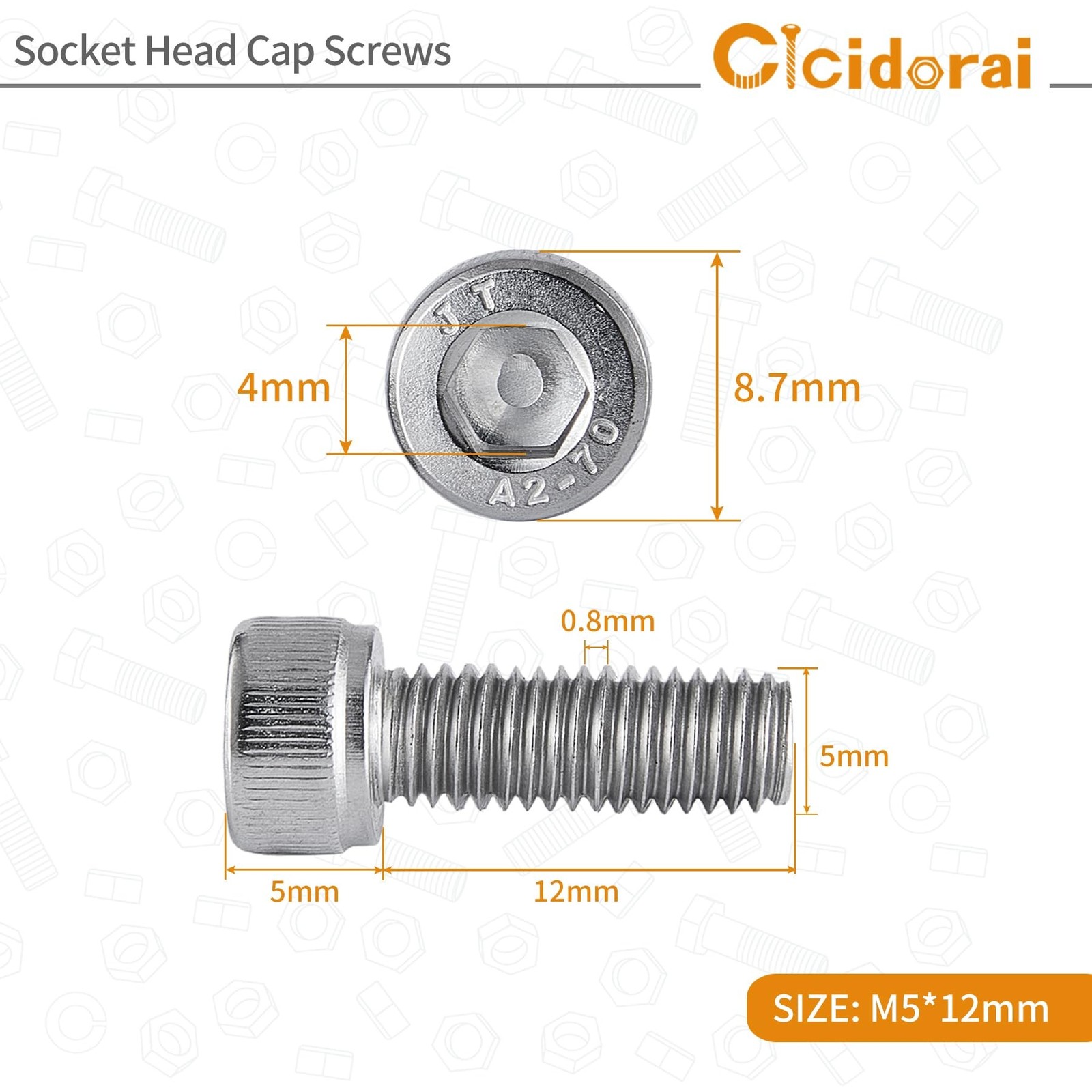 M5-0.8 x 12mm Socket Head Cap Screws Bolts, 304 Stainless Steel (A2-70), Alle…