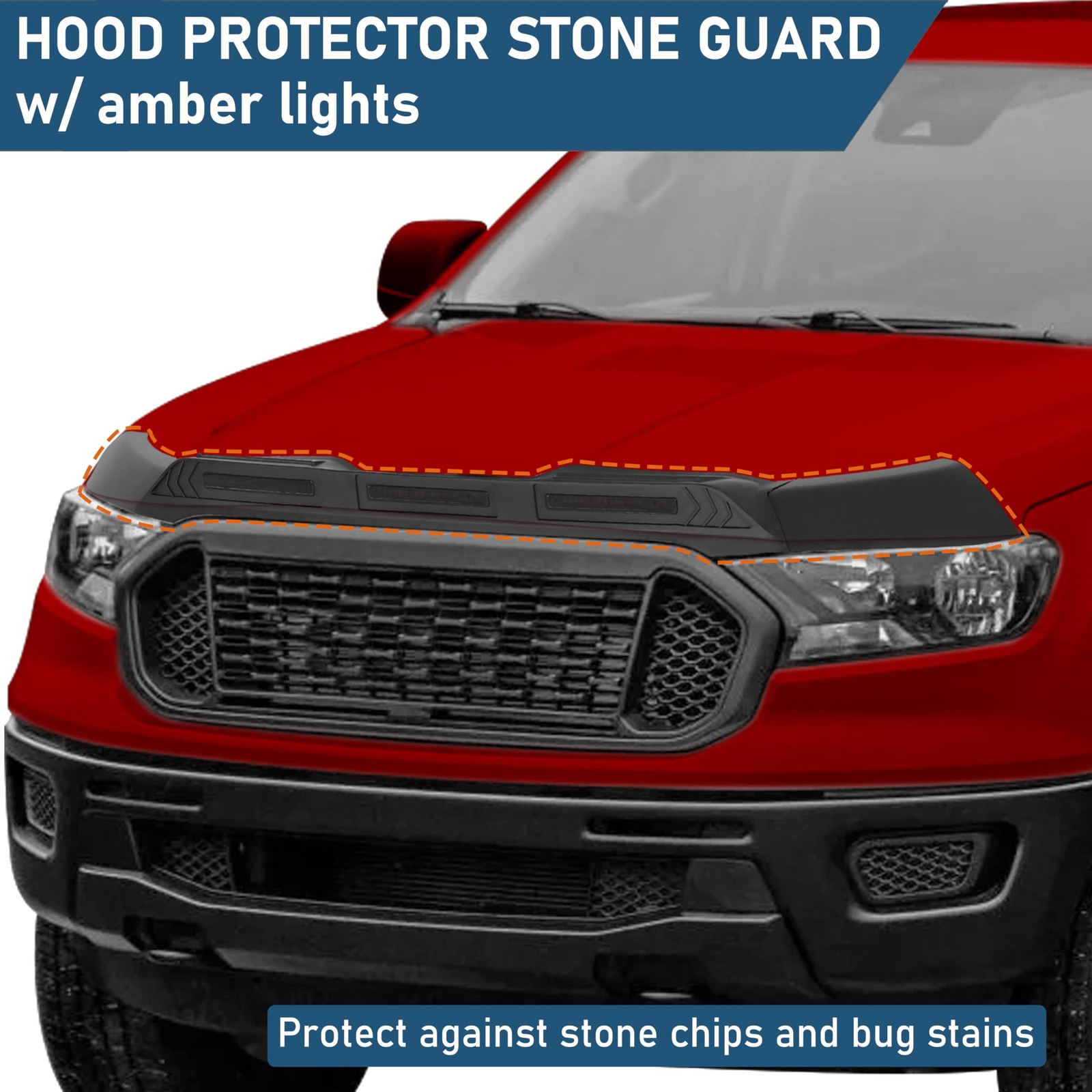 Ranger Hood Protector Bug Deflector Stone Guard with Amber Lights 2019-2023