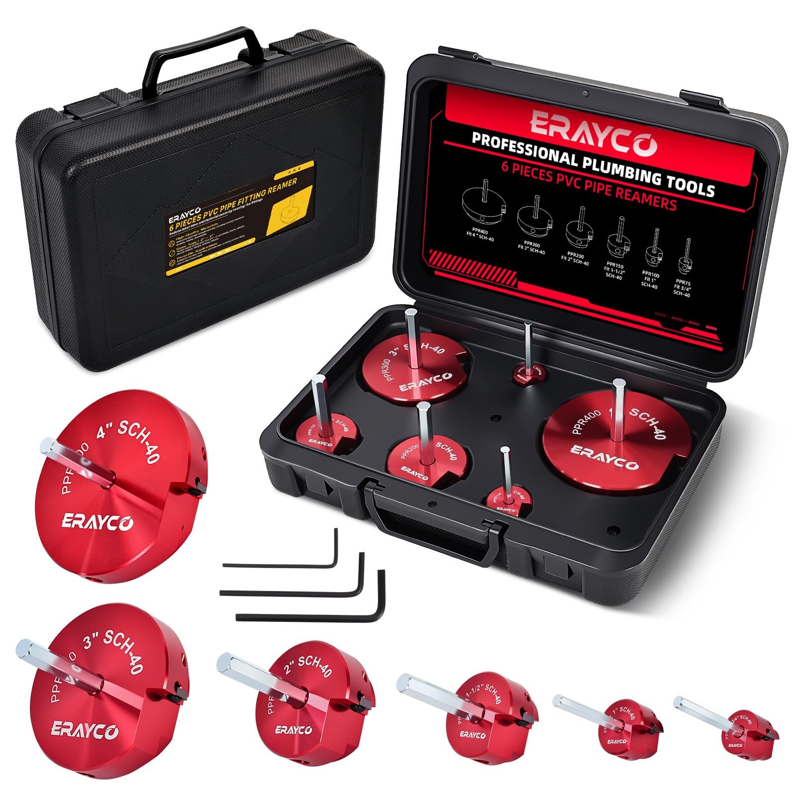 ERAYCO 6-Piece PVC Pipe Reamer Kit-Professional 3/4+1+1.5+2+3+4 Inch, Red