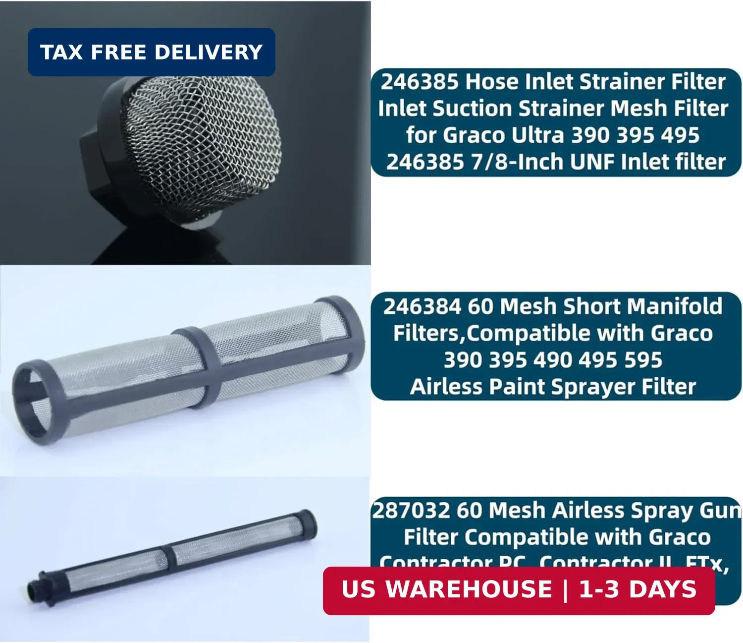 (3+4+5) 246385 246384 287032 Airless Sprayer Filter Set for Graco 390 395 490 49