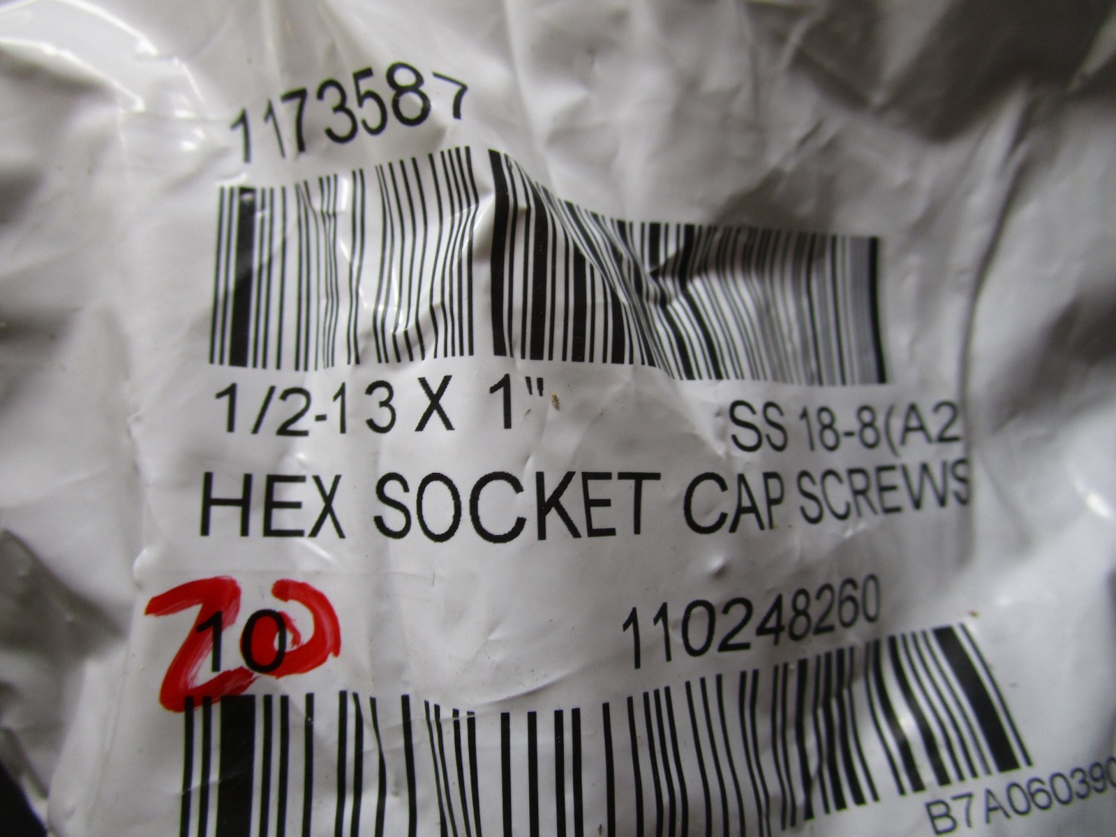 1/2″-13 x 1″ L 3/8″ Hex 18-8 Plain Stainless Steel Socket Head Cap Screw QTY 20