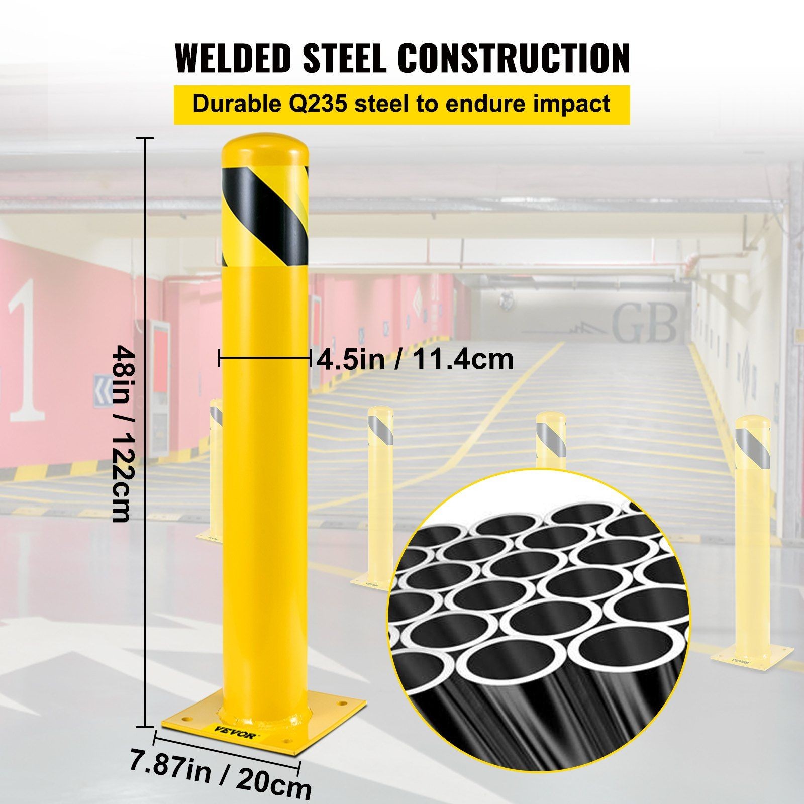 48in Impact-Resistant Steel Bollard 4.5in Diameter Black & Yellow