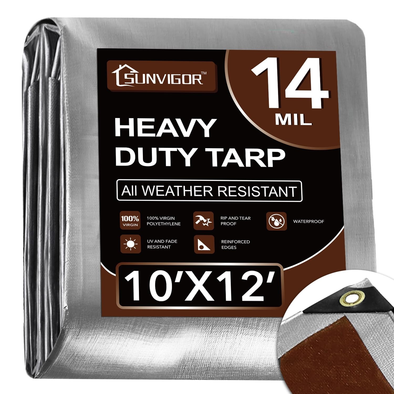 Sunvigor Tarp Waterproof 10x12Ft, Heavy Duty Tarp Cover Extra Thick 14 Mil Te…