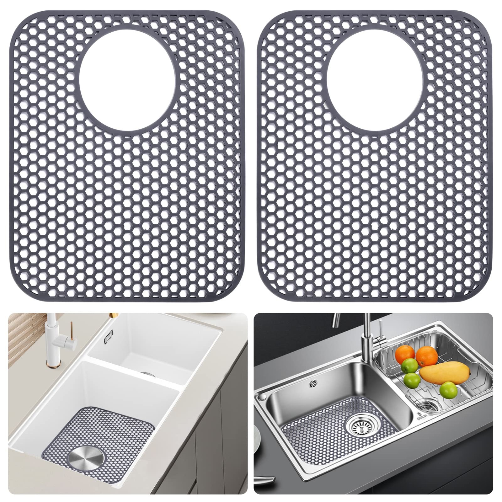 LONGFITE Sink Protector Mats 2 Pcs Silicone Kitchen Mat Draining Gray