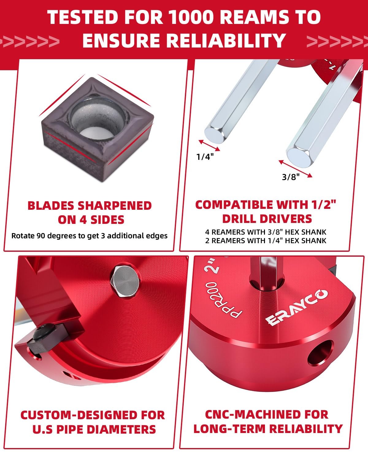ERAYCO 6-Piece PVC Pipe Reamer Kit-Professional 3/4+1+1.5+2+3+4 Inch, Red