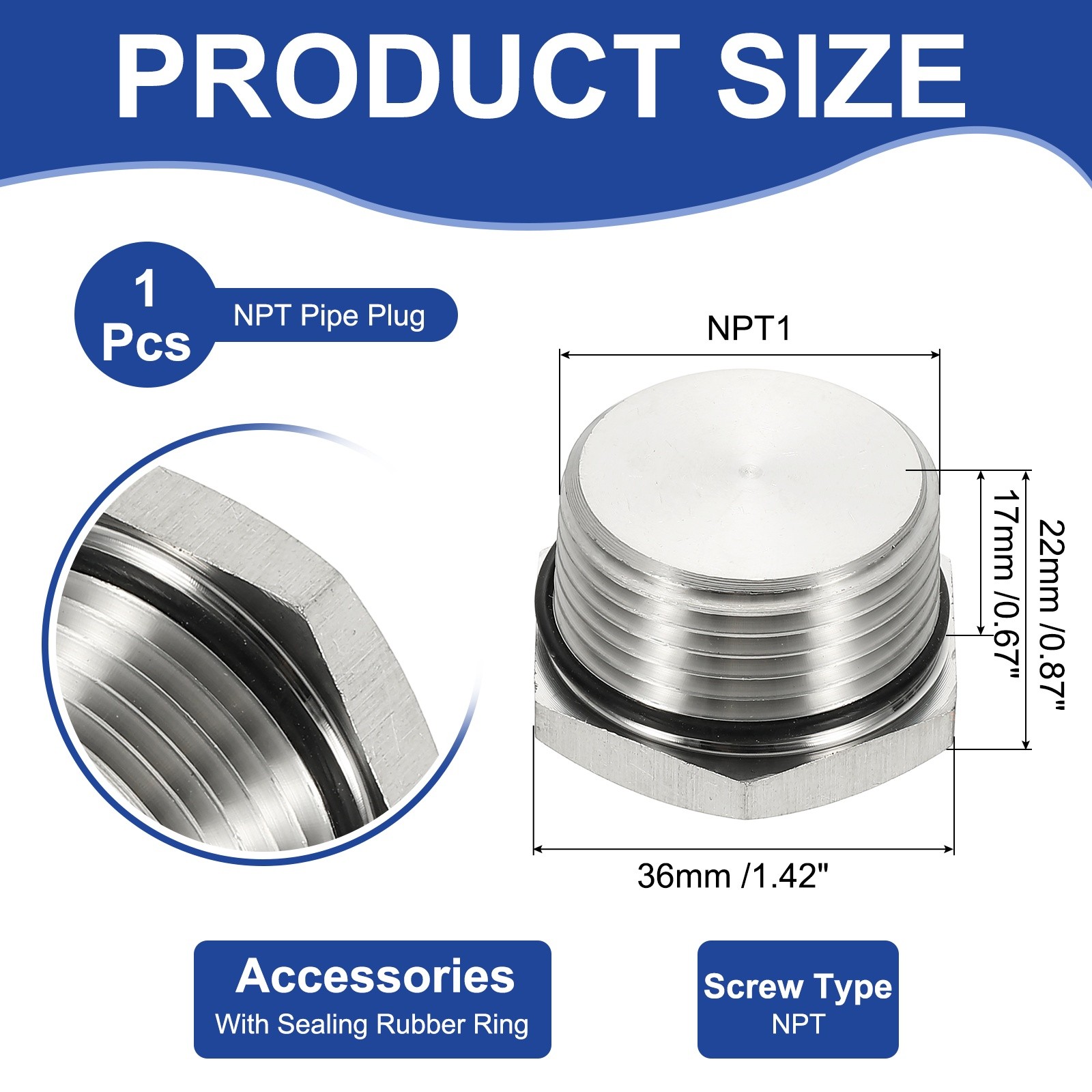 NPT Pipe Plug Fitting 304 Stainless Steel NPT1 with Sealing Rubber Ring