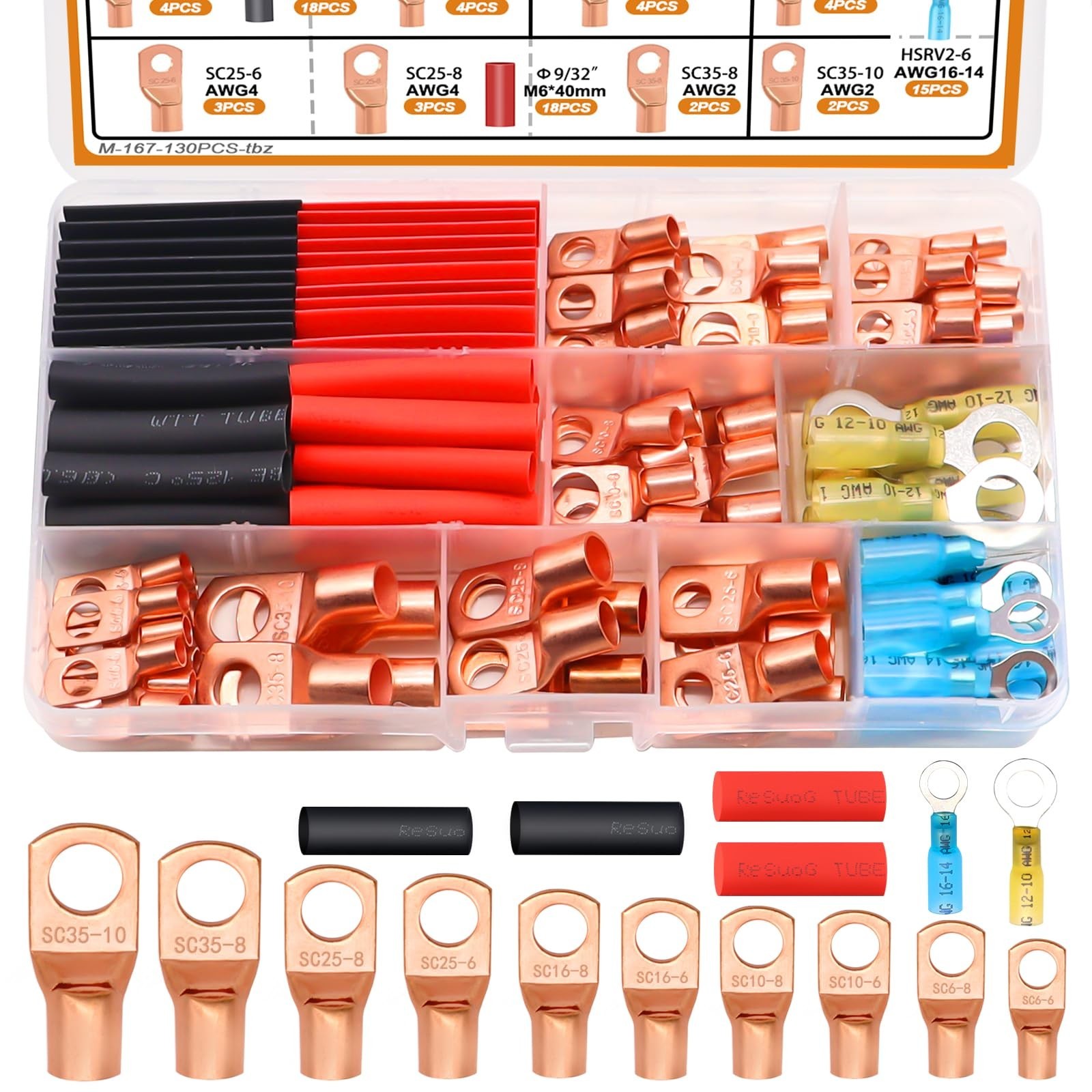 mankk 130PCS Copper Wire Lugs AWG 2 4 6 8 10 12 14 16 Gauge Battery Terminal …