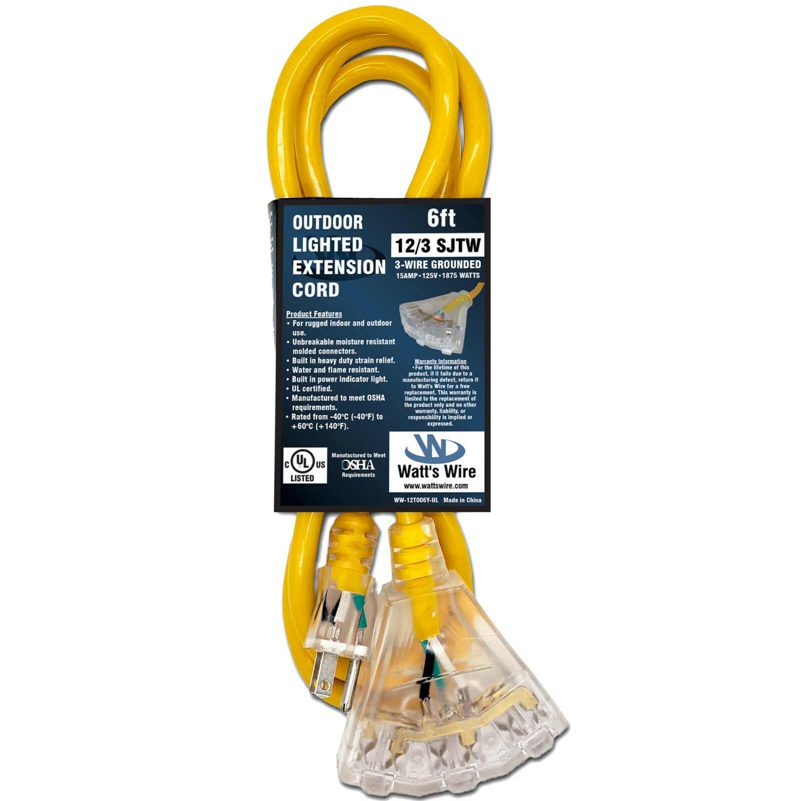 6ft Heavy Duty 12 Gauge Lighted 3 Outlet Extension Cord 6′ 12 3 In/Outdoor SJTW