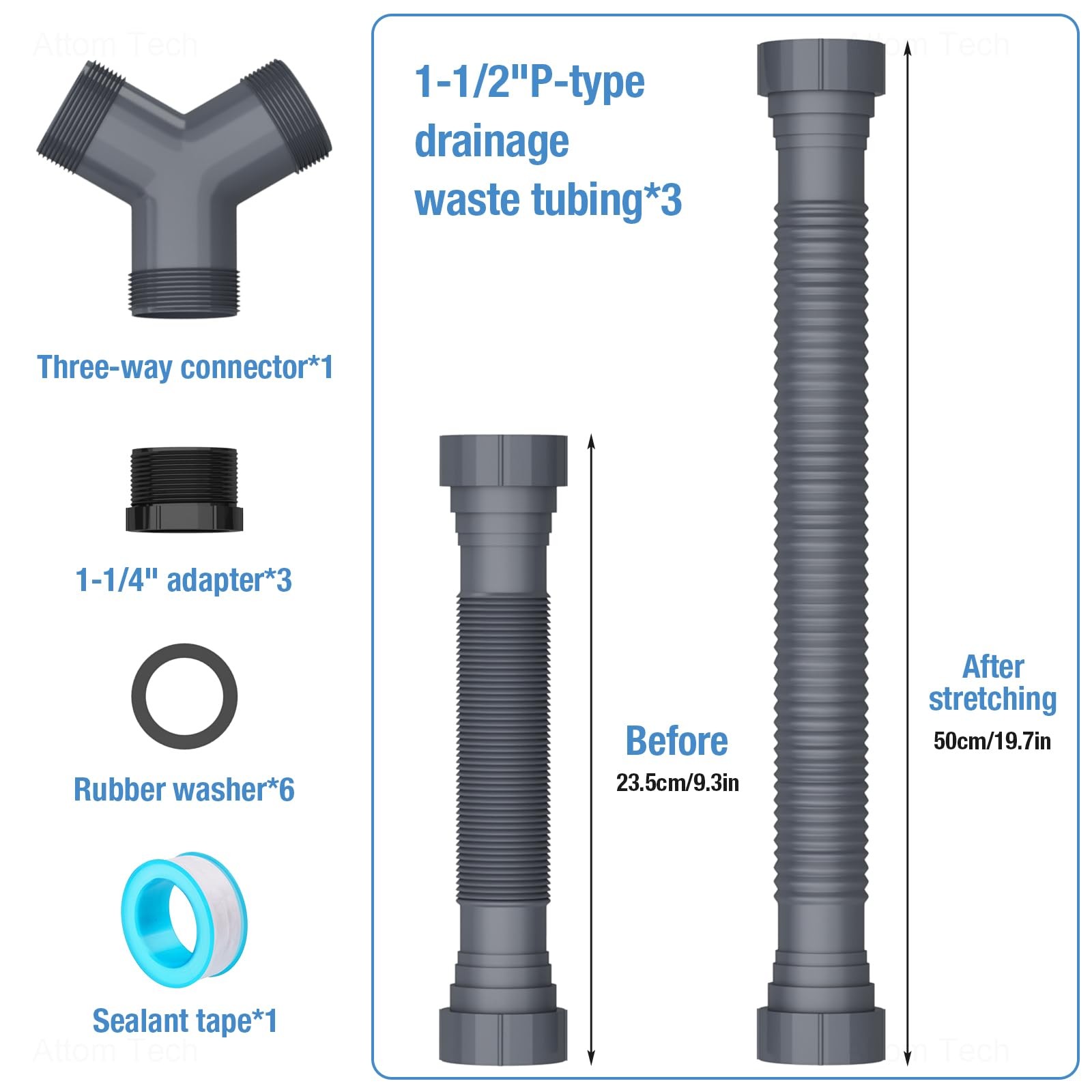 NiHome Flexible P-Trap Drain Kit for Double Kitchen 1 1/2″ or 1 1/4″, Gray
