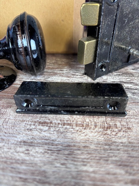 Vintage Horizontal Rim Lock Set Door Knob Jappanned Black Skeleton Key H0383-1D