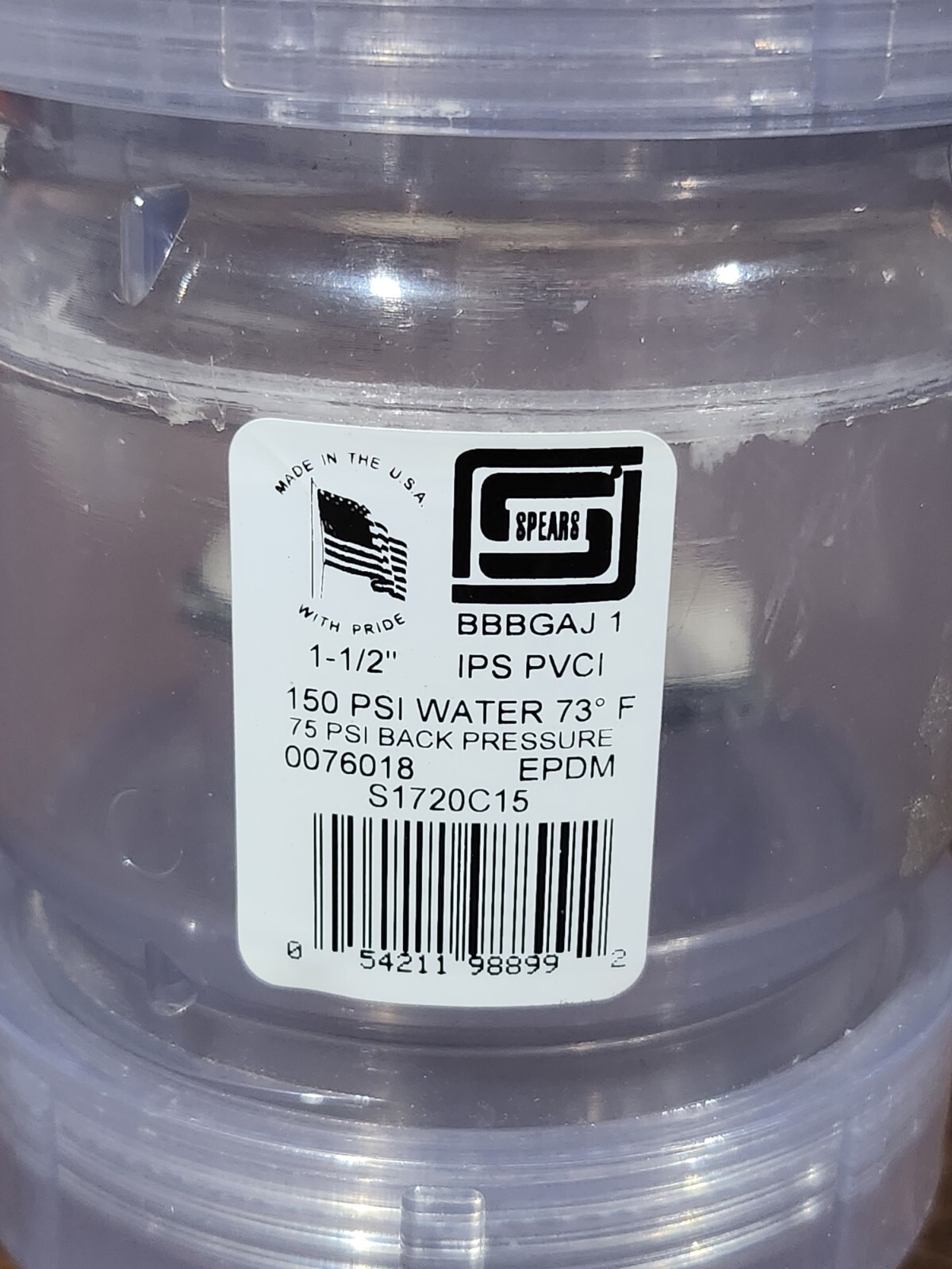 Spears S1720C15 Clear PVC Utility Swing Check Valve SxS
