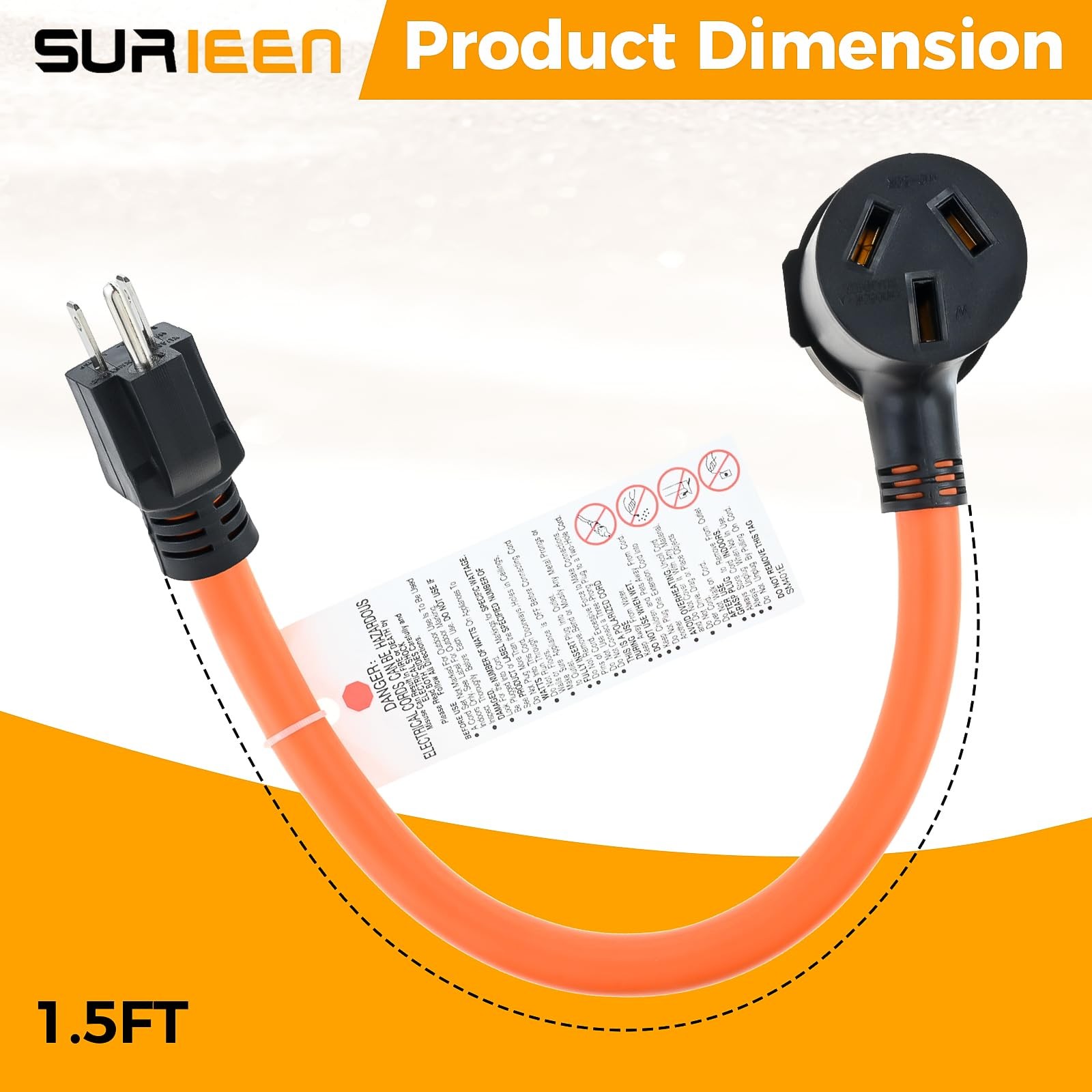 1.5FT NEMA 5-15P to 10-50R Dryer Adapter Cord, 110V 15Amp 3 Prong 3 orange