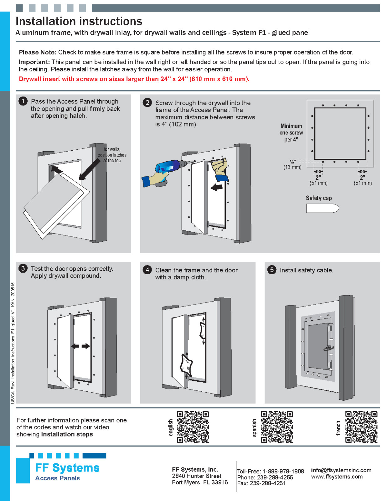 System F1 – Access Panel | Fixed Hinge | Touch Latches (⅝” Drywall, 20″ X 20″)