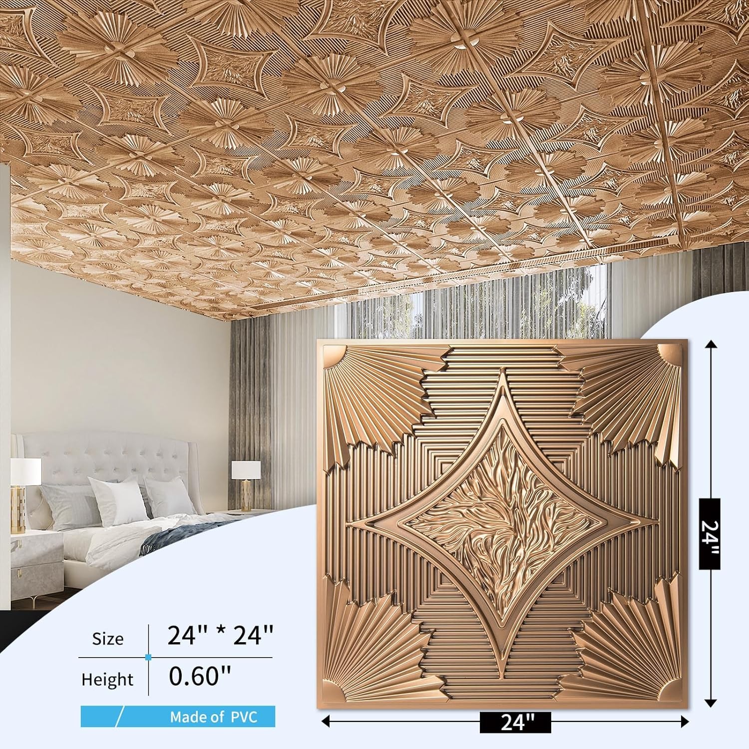 Art3d 12-Pack Drop Ceiling Tiles 24×24 in,3D PVC Wainscoting Panels in Bronze